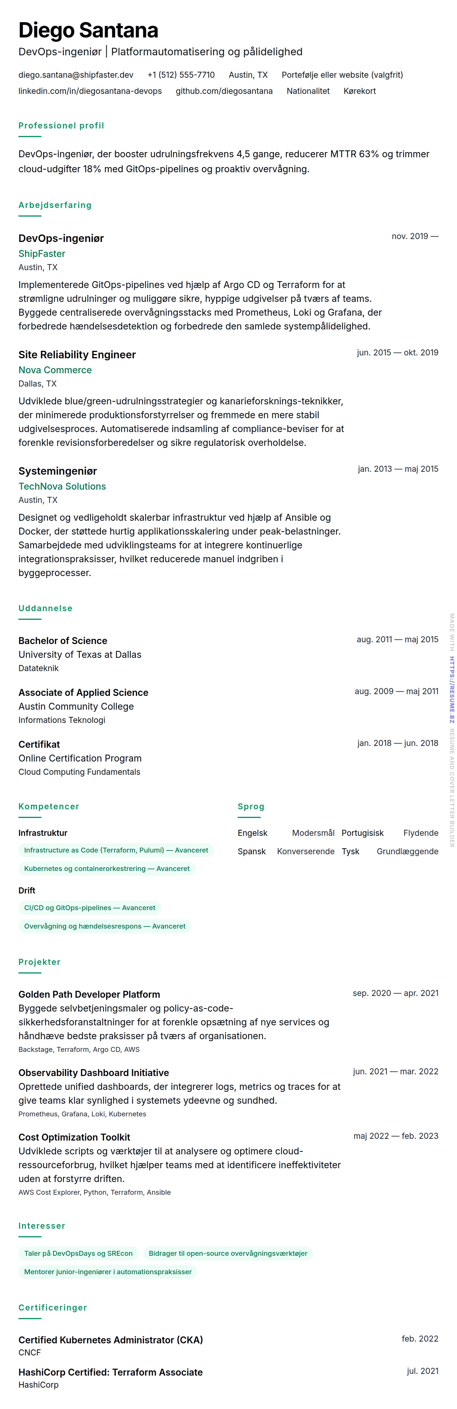 CV-forhåndsvisning for DevOps-ingeniør CV-eksempel