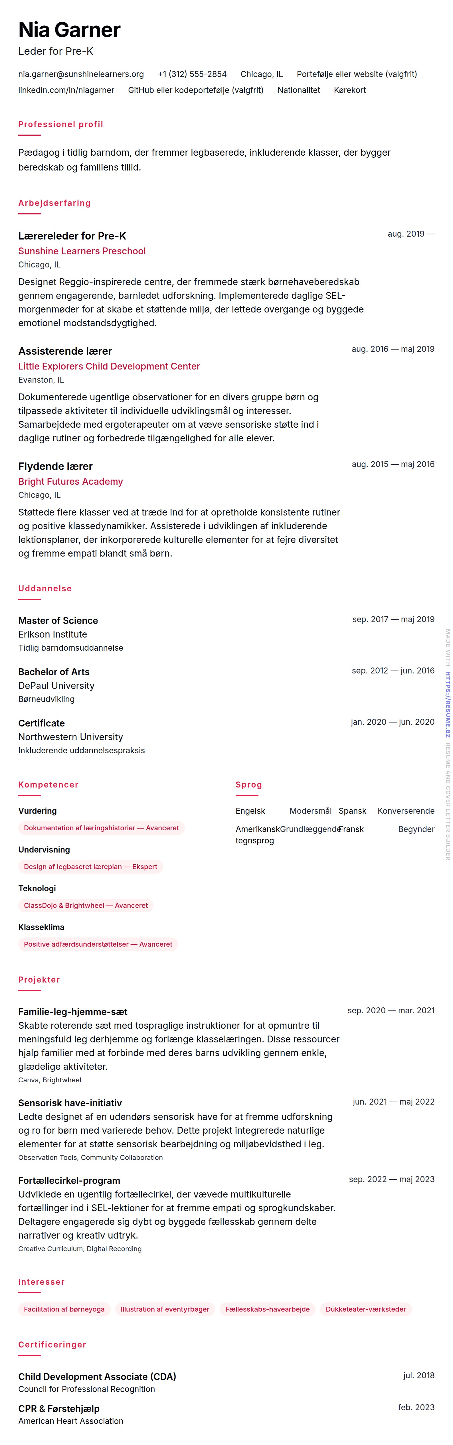 CV-forhåndsvisning for Eksempel på CV for pædagog i tidlig barndom