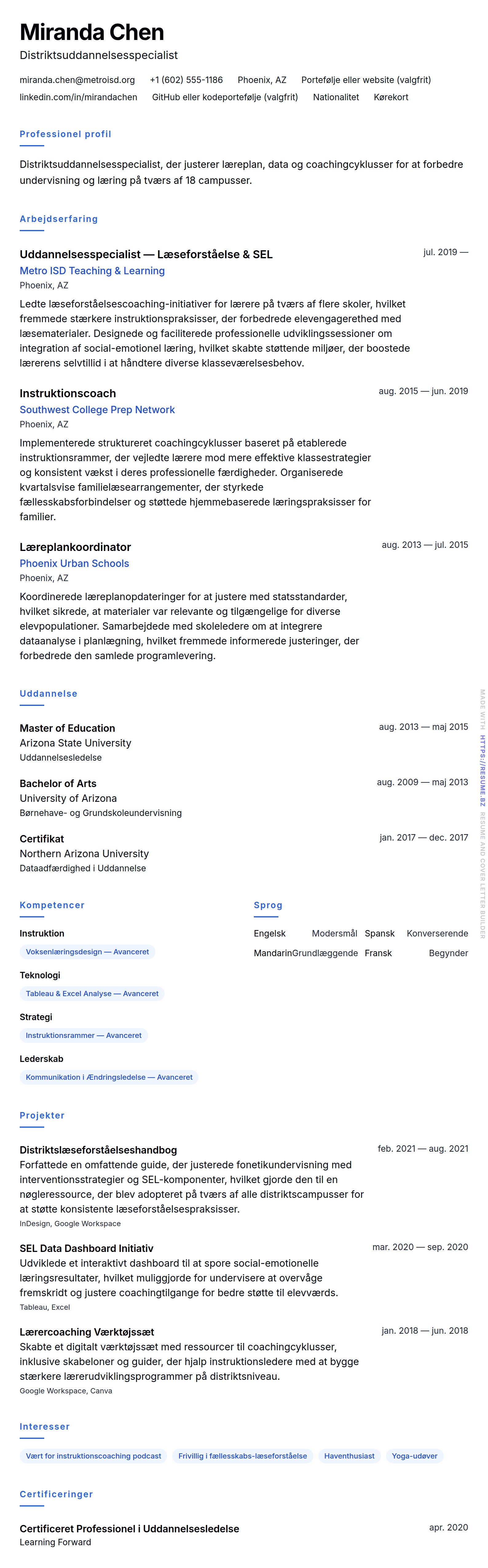 Eksempel på CV for Uddannelsesspecialist