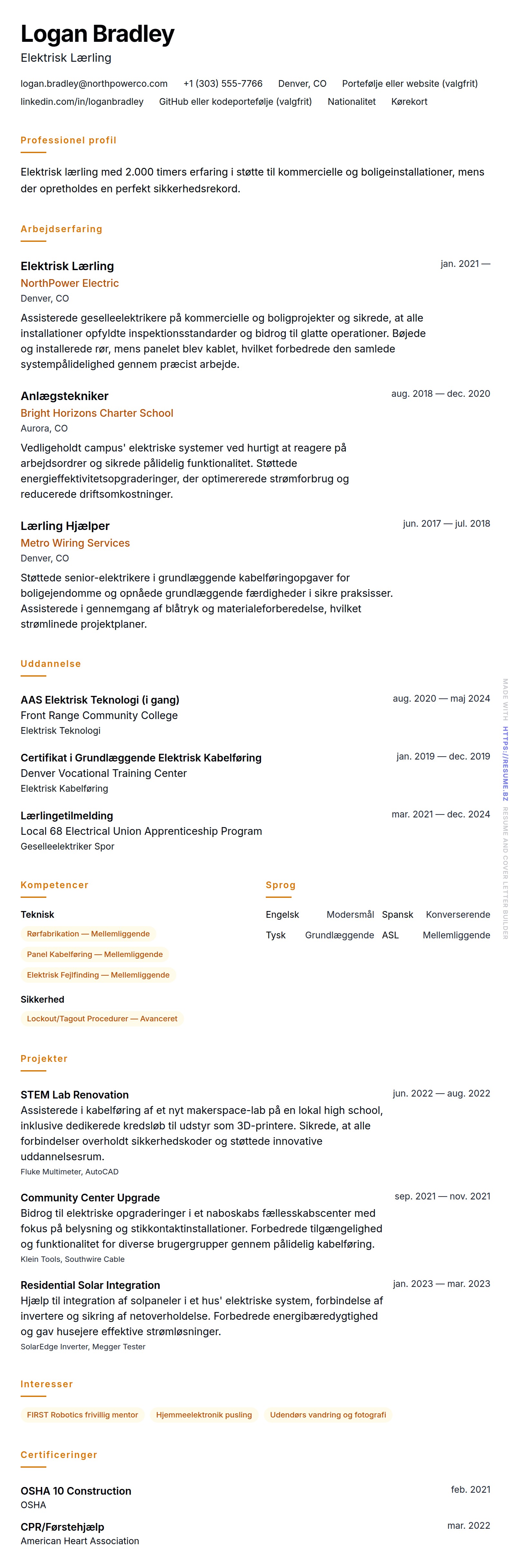 CV-forhåndsvisning for Elektriker Lærling CV Eksempel