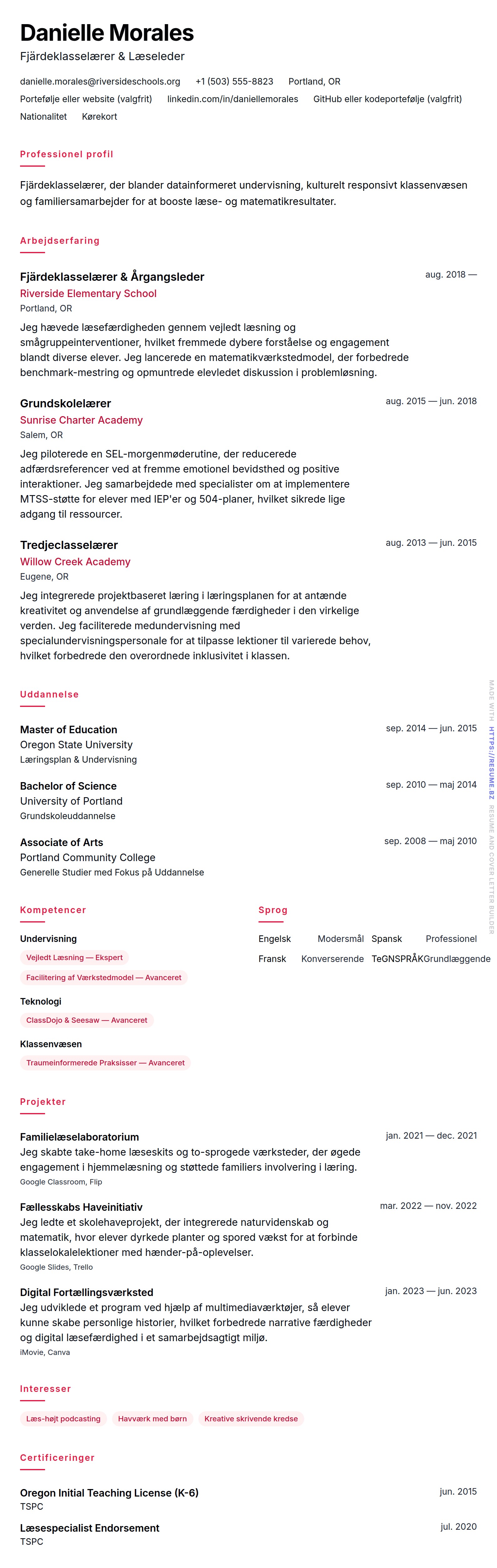 CV-forhåndsvisning for Eksempel på CV for Undervisningsassistent i Grundskolen