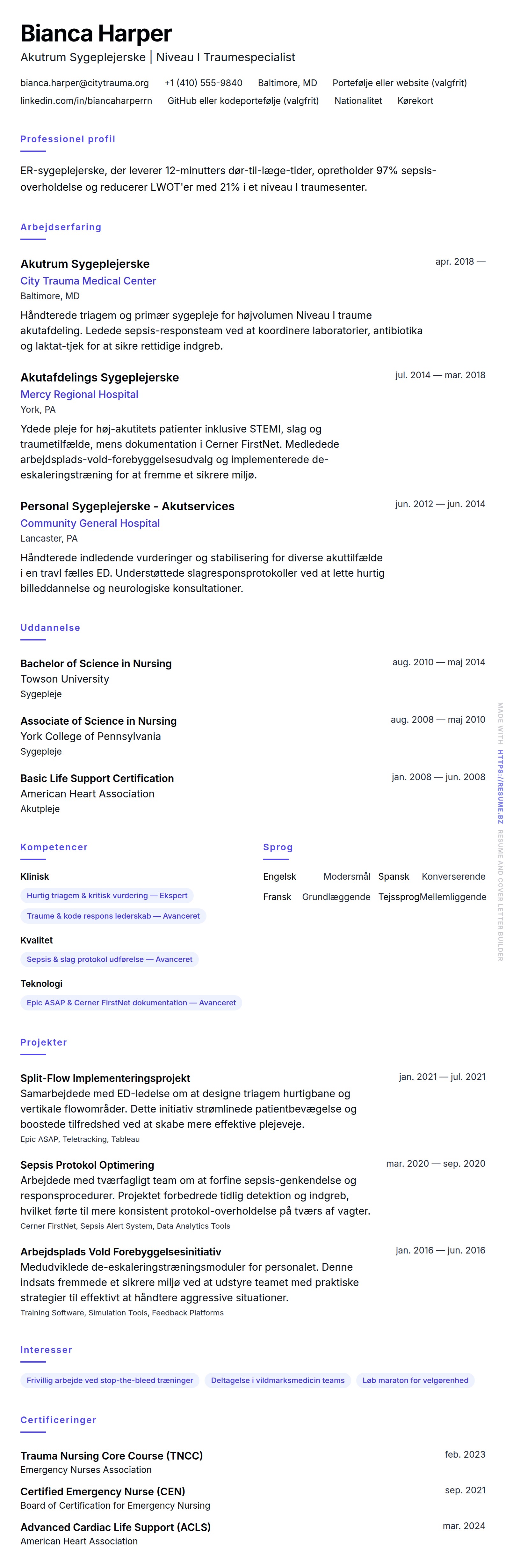 CV-forhåndsvisning for Akutrum (ER) Sygeplejerske CV Eksempel
