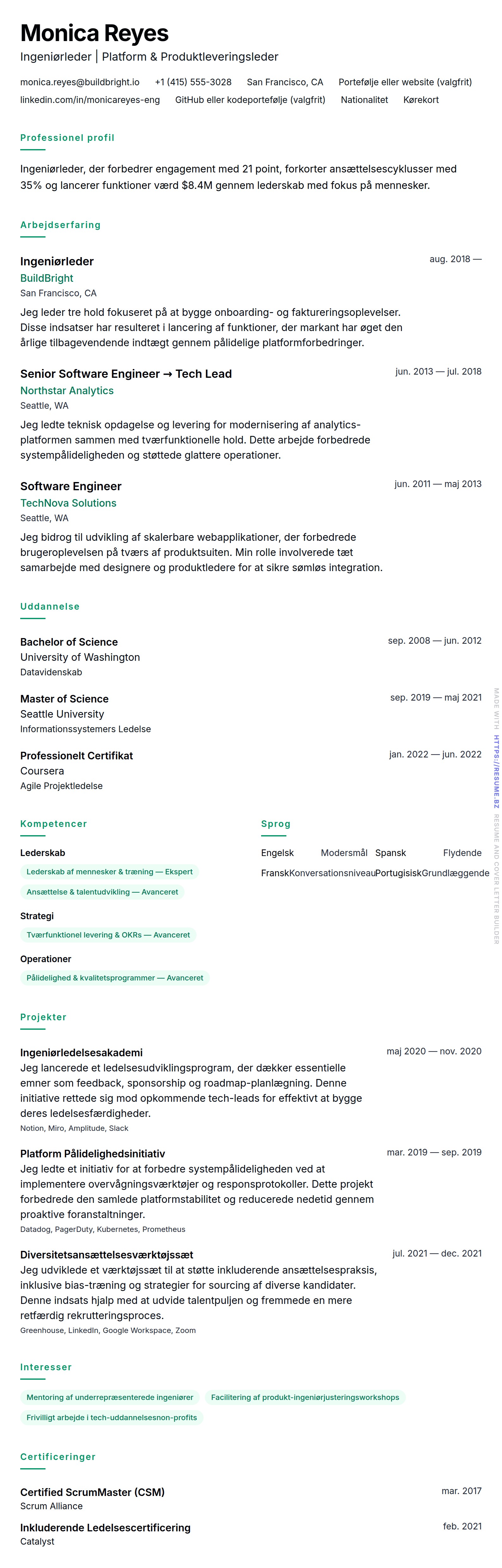 CV-forhåndsvisning for Ingeniørleder CV Eksempel