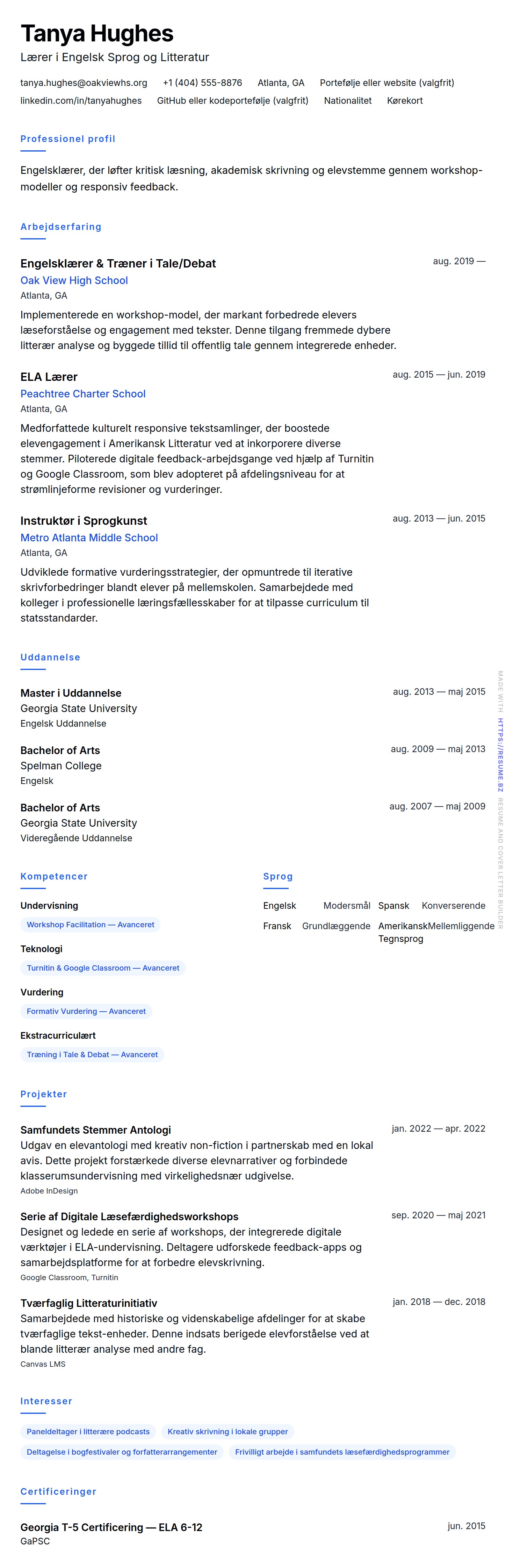 CV-forhåndsvisning for Eksempel på CV for Engelsklærer