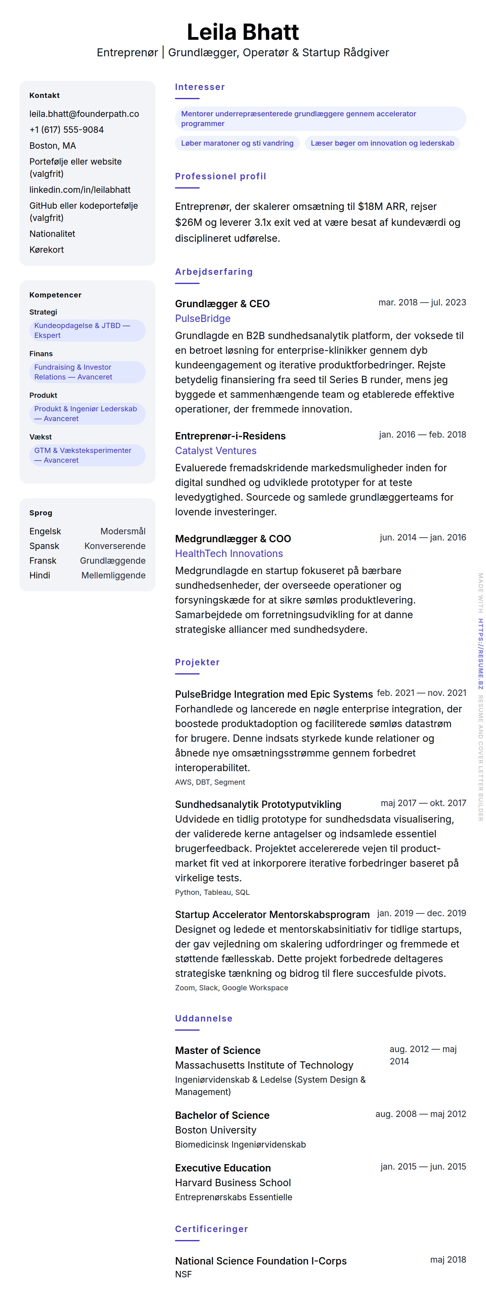 CV-forhåndsvisning for Entreprenør CV Eksempel