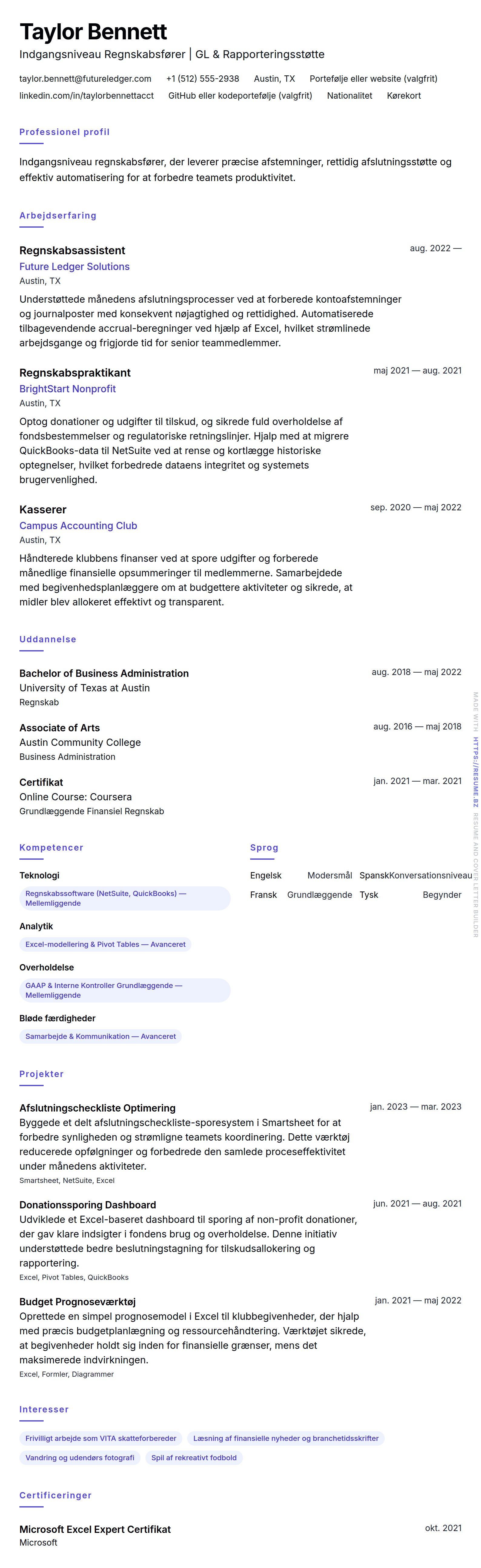 CV-forhåndsvisning for Indgangsniveau Regnskabsfører CV-Eksempel