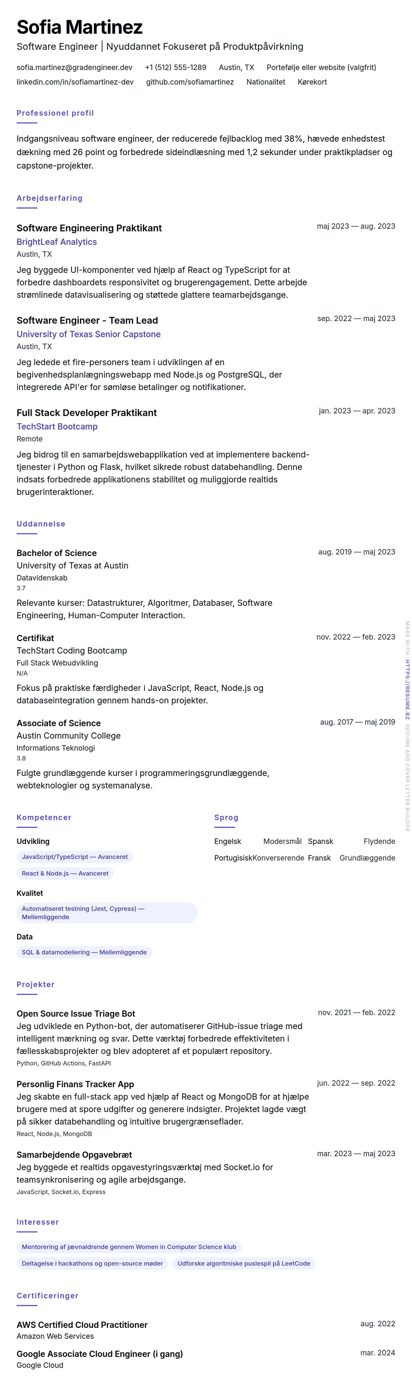 CV-forhåndsvisning for Indgangsniveau Software Engineer CV Eksempel
