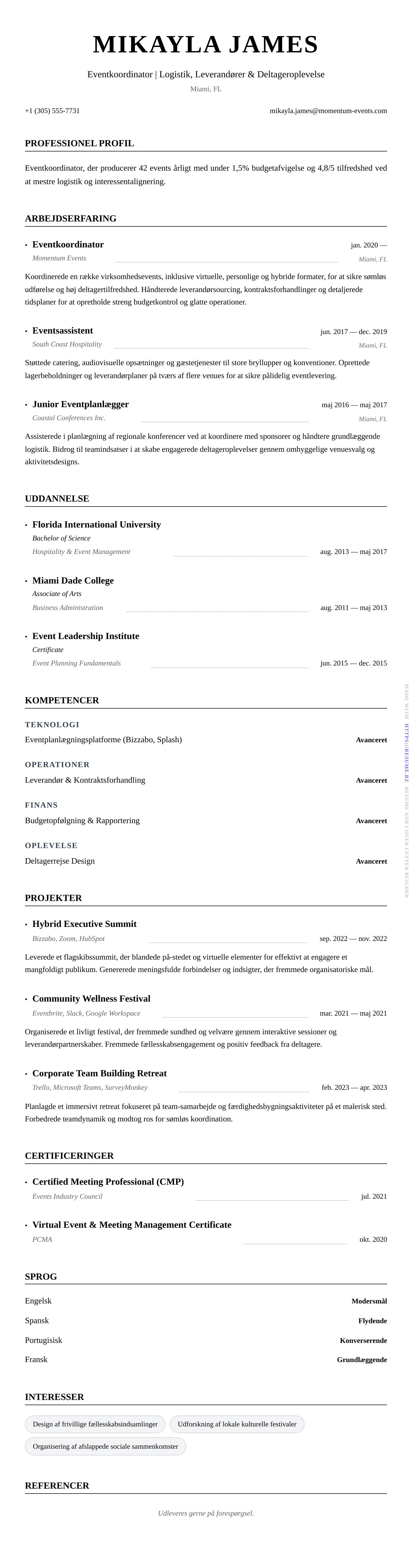 CV-forhåndsvisning for Eventkoordinator CV Eksempel