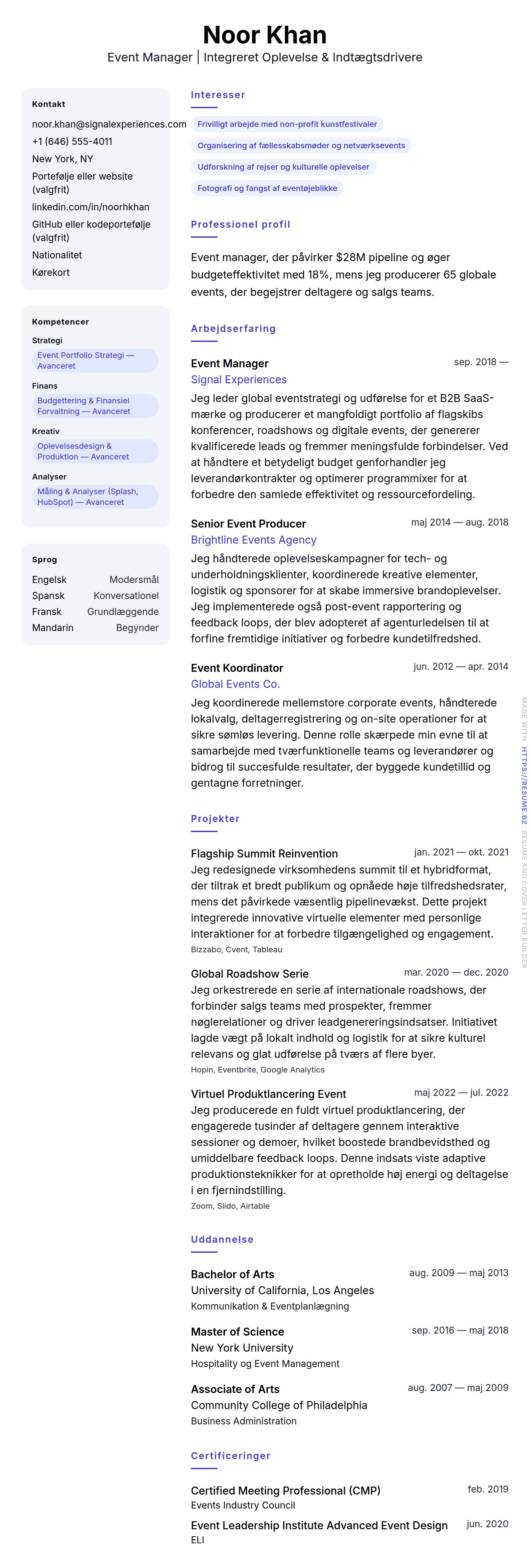 CV-forhåndsvisning for Event Manager CV Eksempel