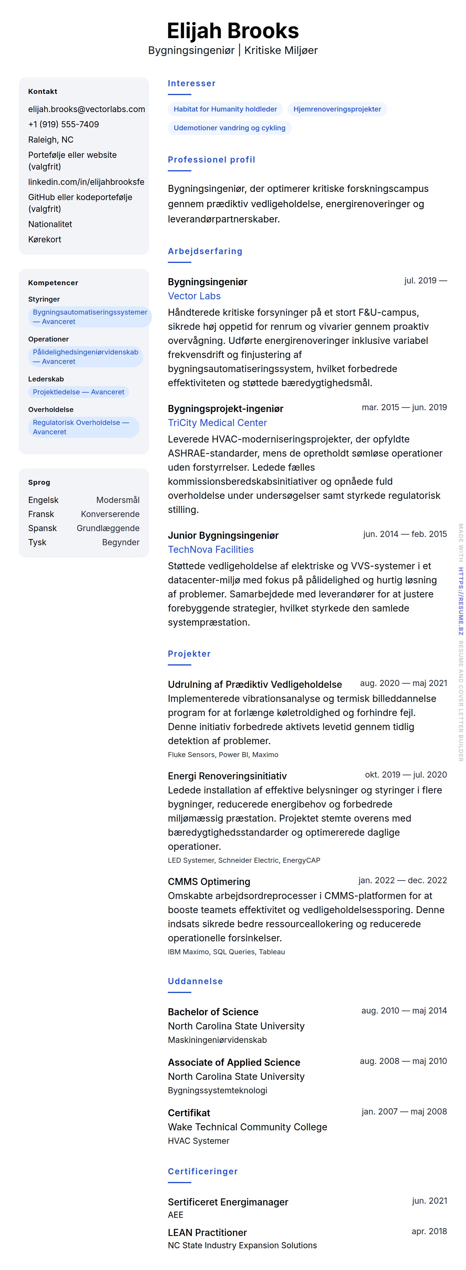 CV-forhåndsvisning for Bygningsingeniør CV Eksempel