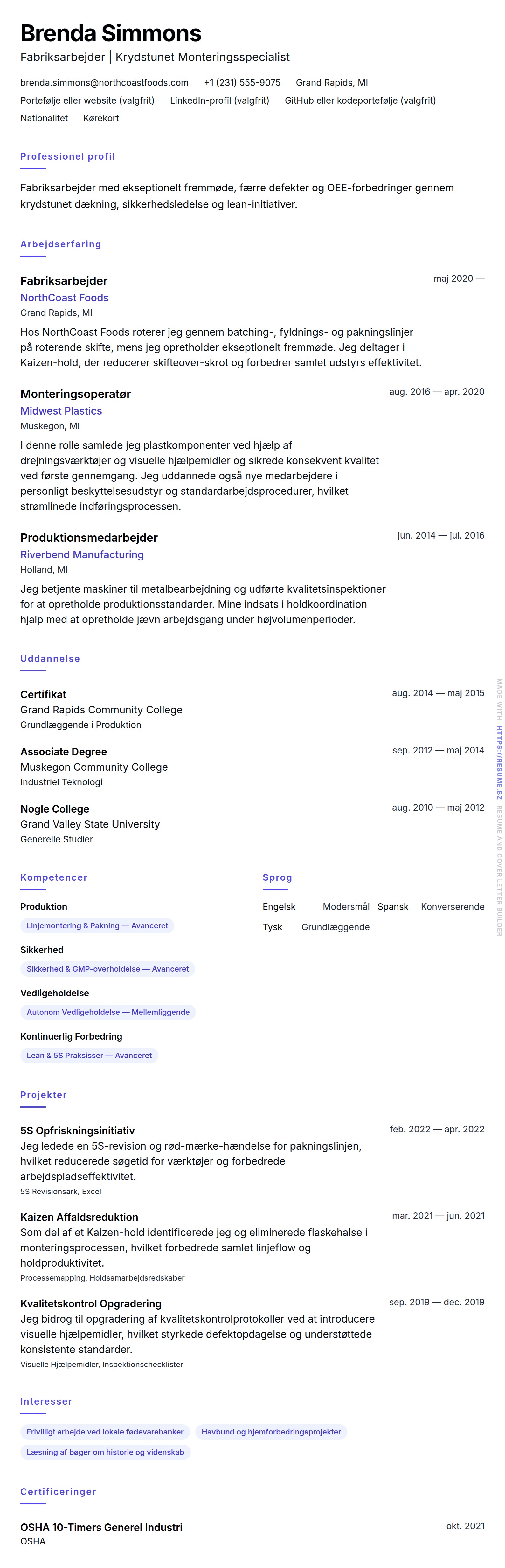 Eksempel på CV for Fabriksarbejder