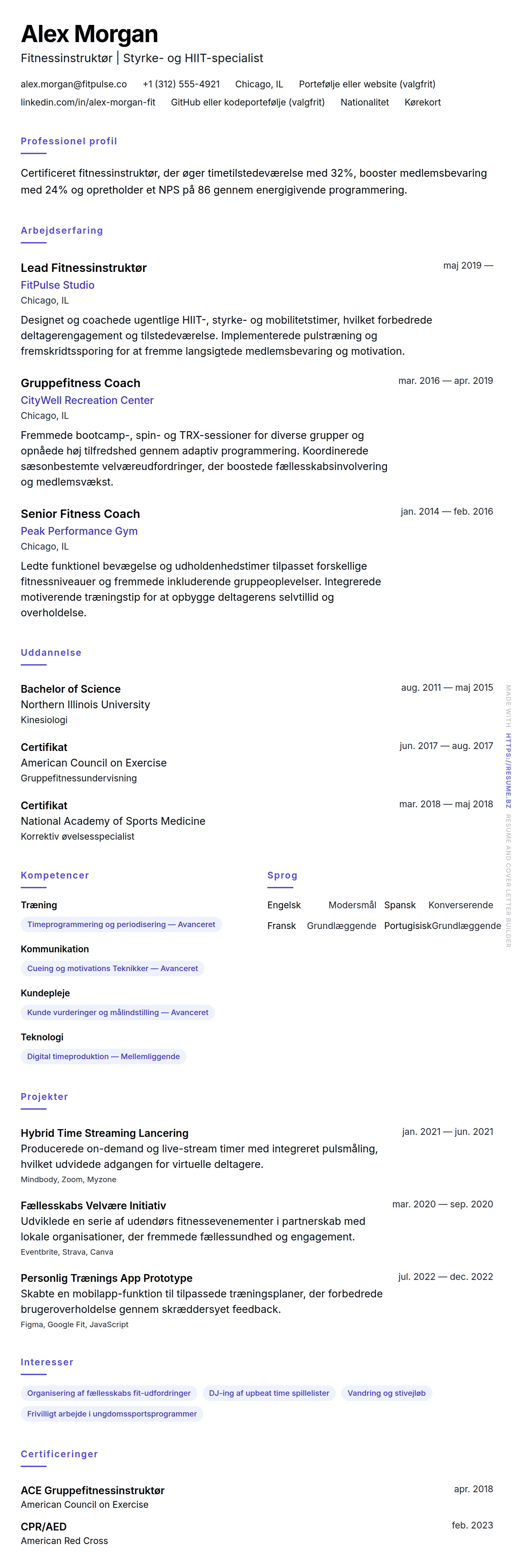 Fitnessinstruktør CV Eksempel