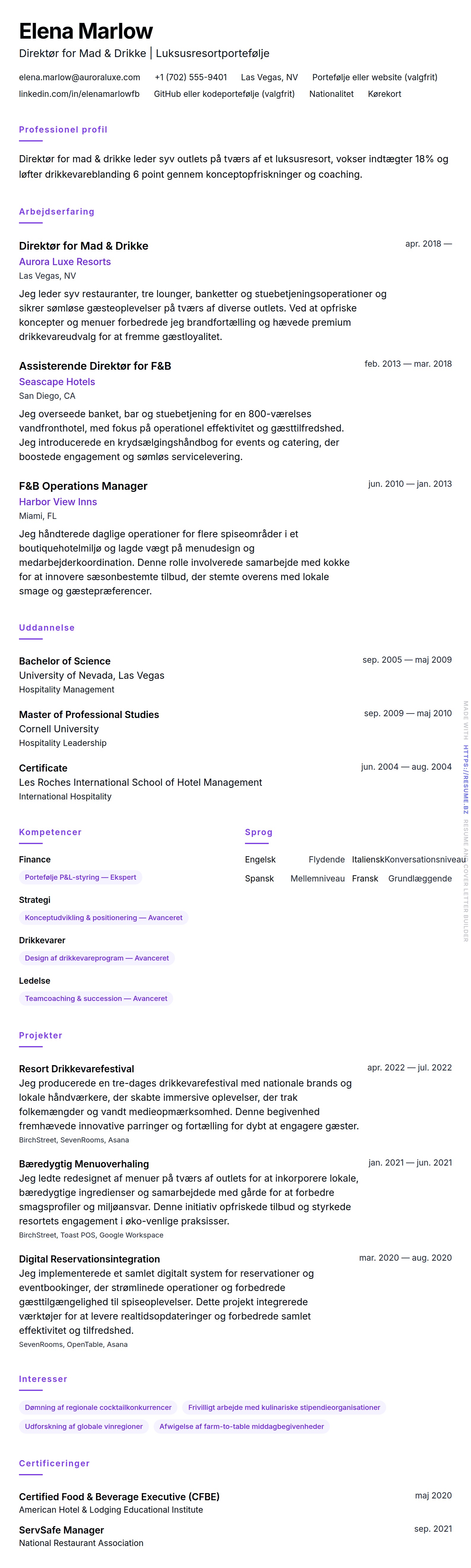 CV-forhåndsvisning for Eksempel på CV for Direktør for Mad og Drikke