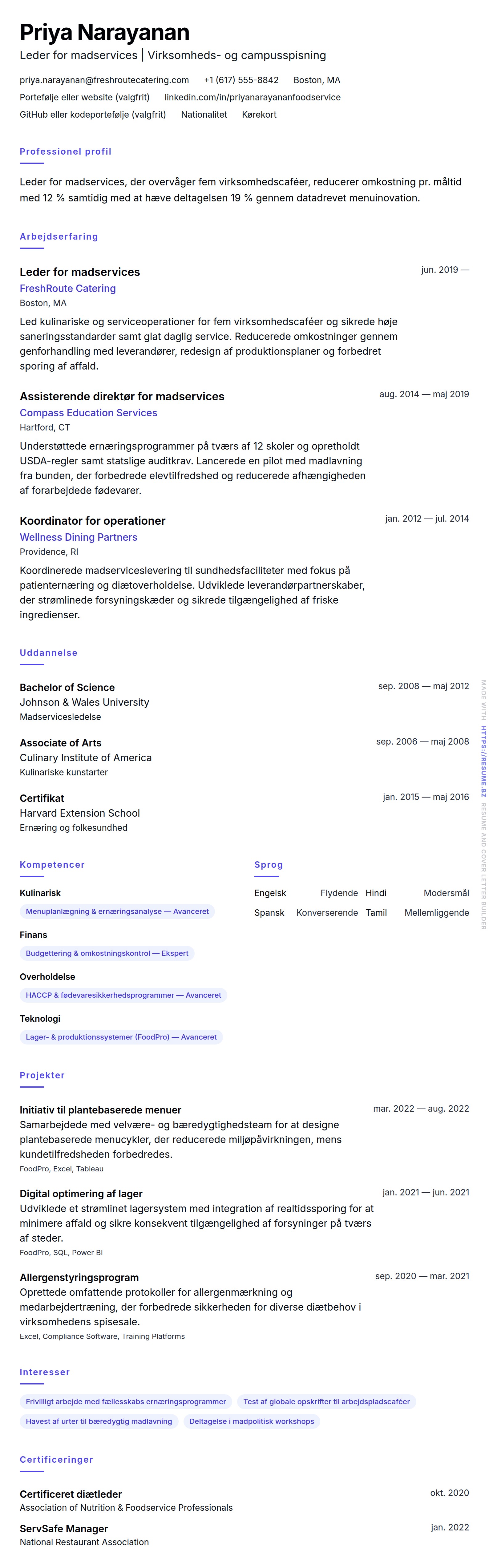 Eksempel på CV for leder for madservices