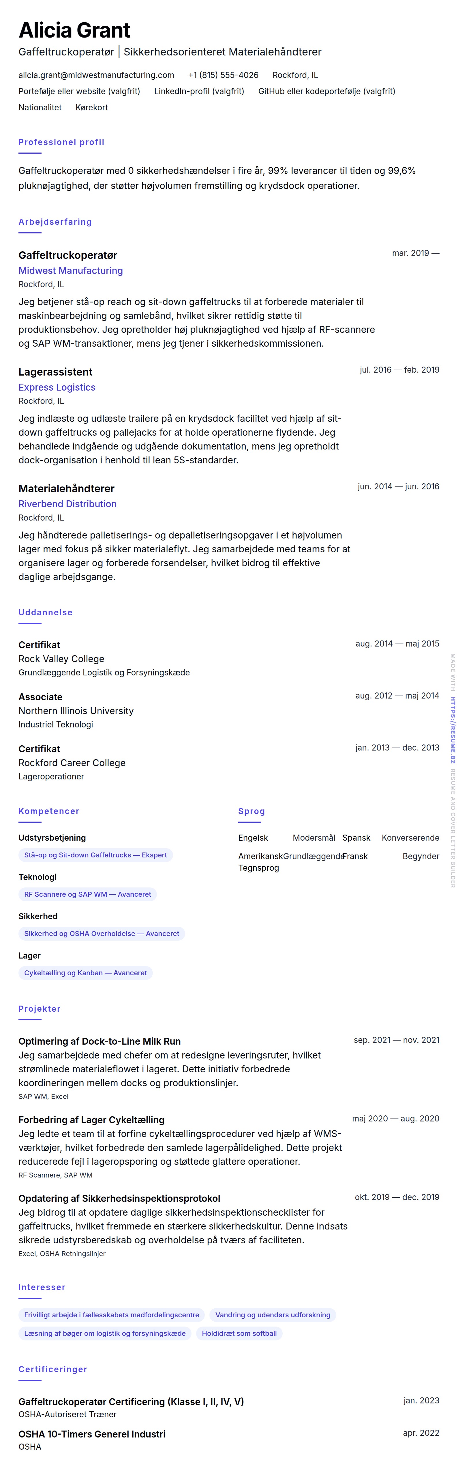 CV-forhåndsvisning for Eksempel på CV for Gaffeltruckoperatør