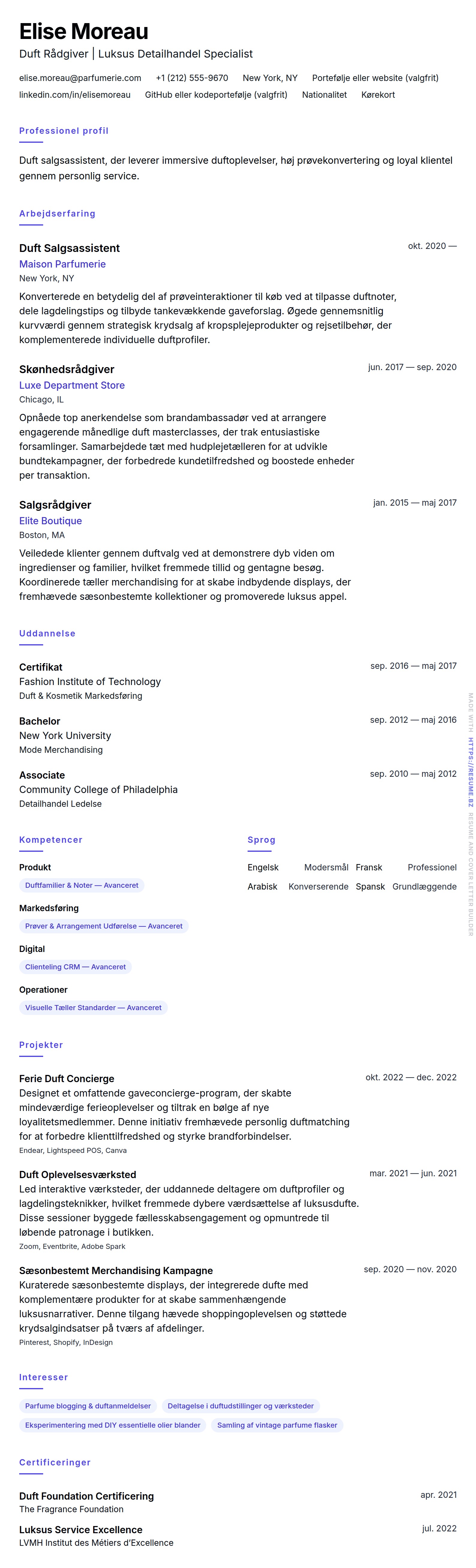 Duft Salgsassistent CV Eksempel