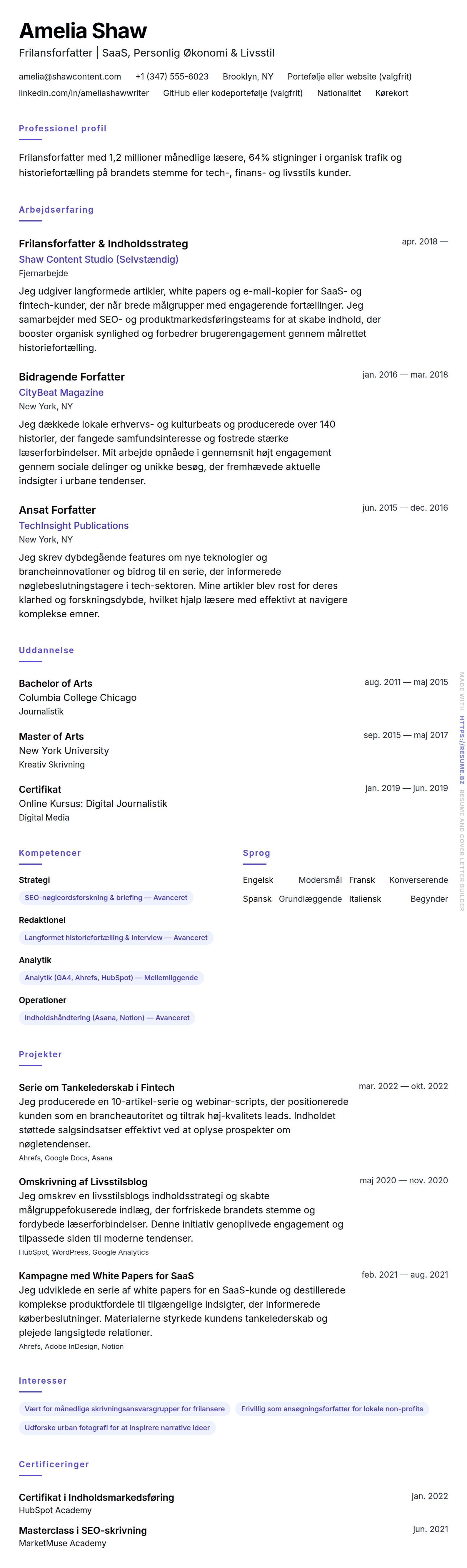 CV-forhåndsvisning for Eksempel på CV for Frilansforfatter