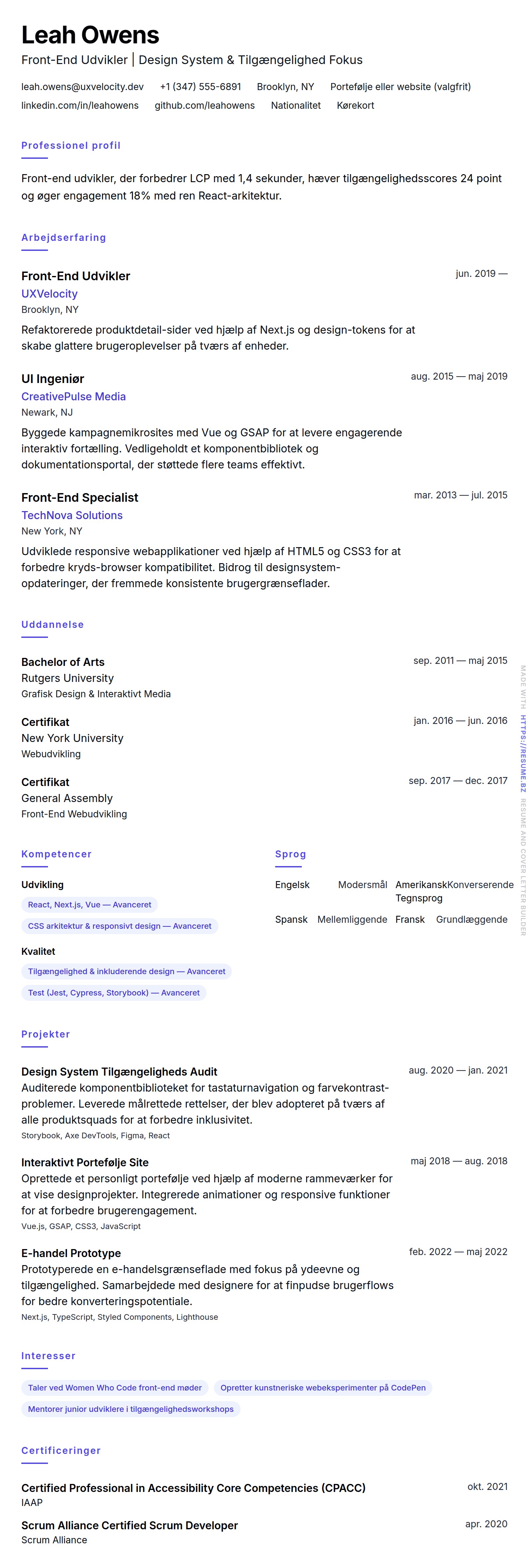 CV-forhåndsvisning for Front-End Udvikler CV Eksempel