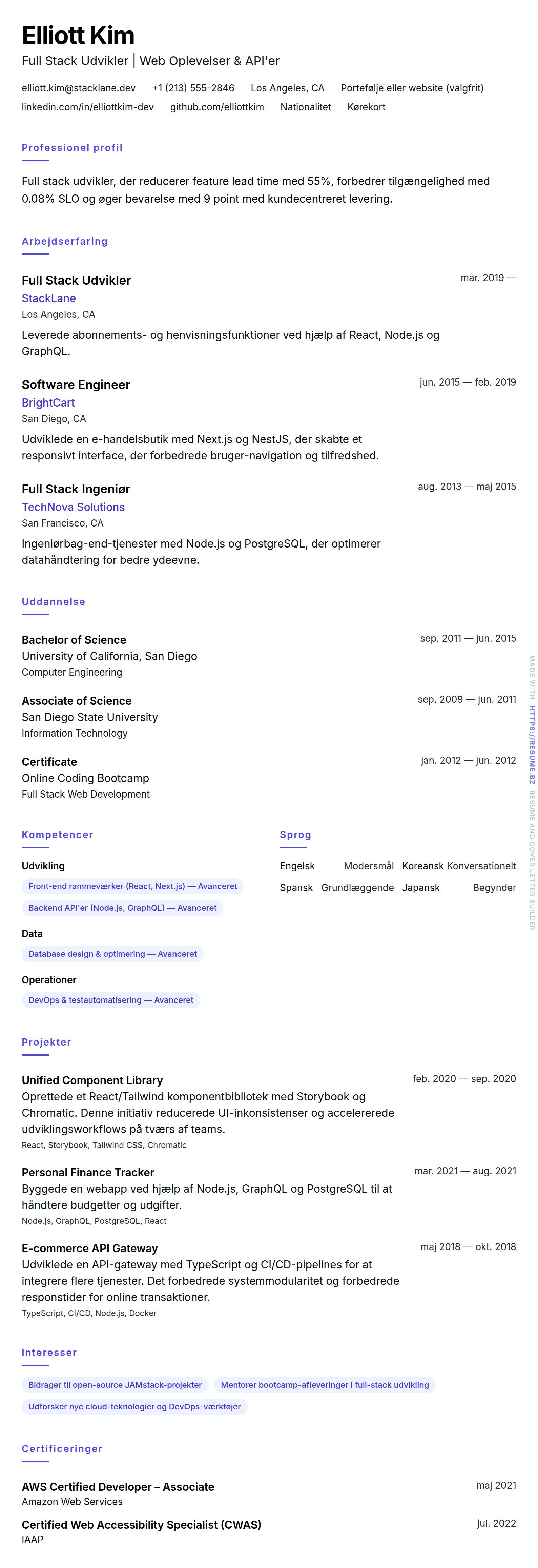 CV-forhåndsvisning for Full Stack Udvikler CV Eksempel