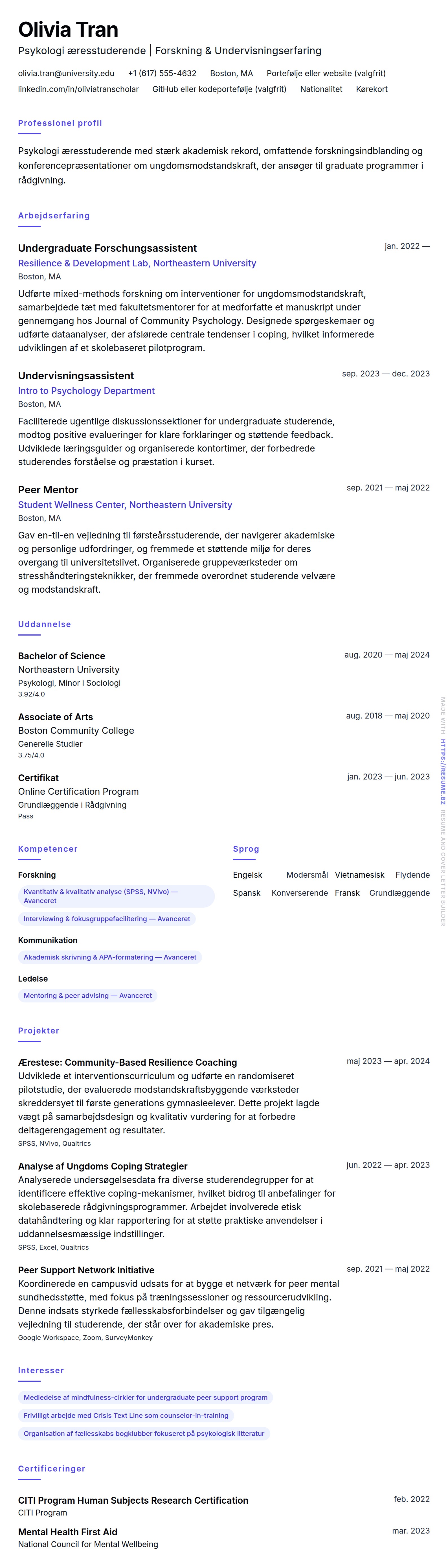 Eksempel på CV for ansøger til graduate school