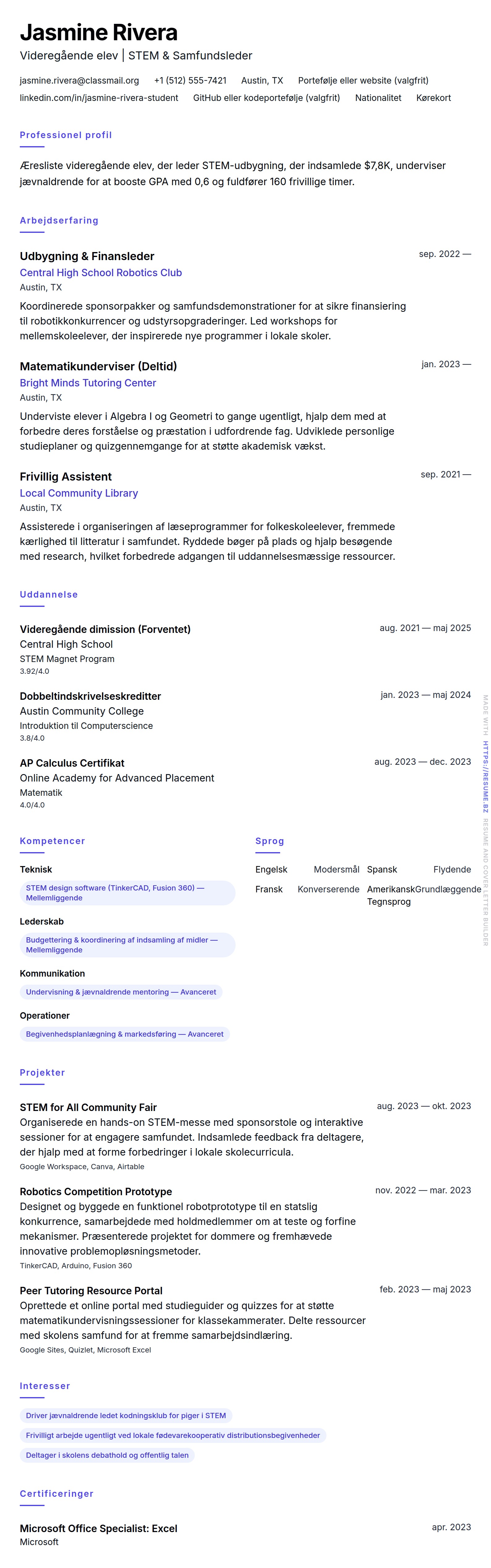 Videregående elev CV-eksempel