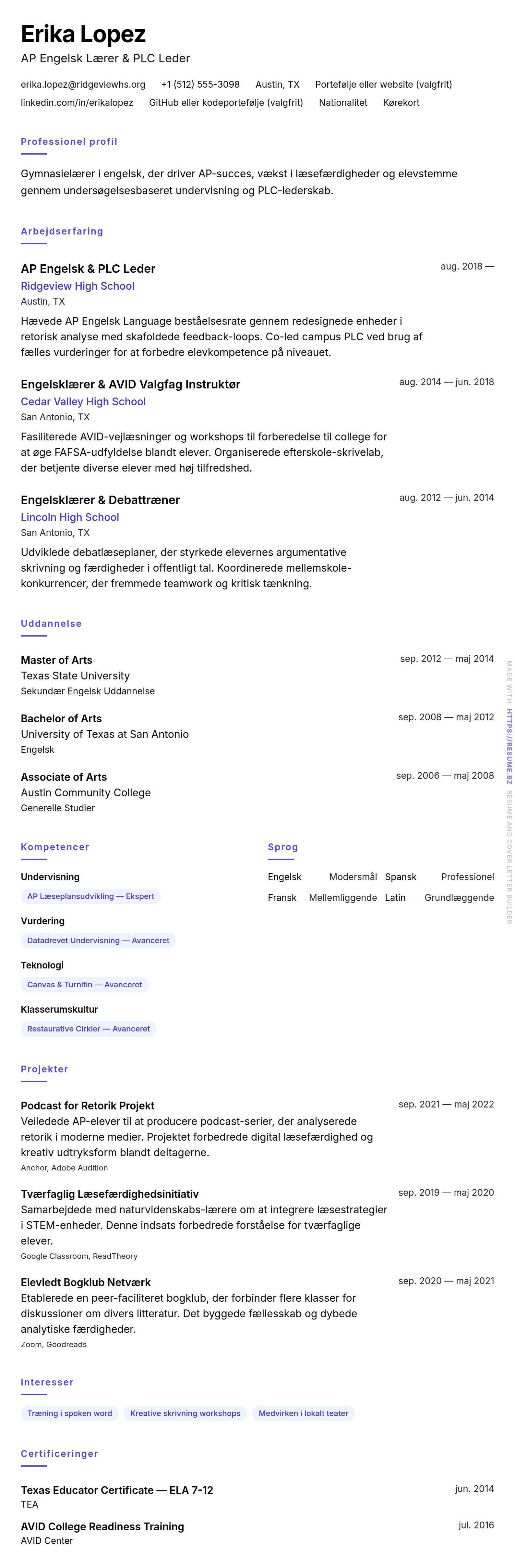 CV-forhåndsvisning for Eksempel på CV for Gymnasielærer