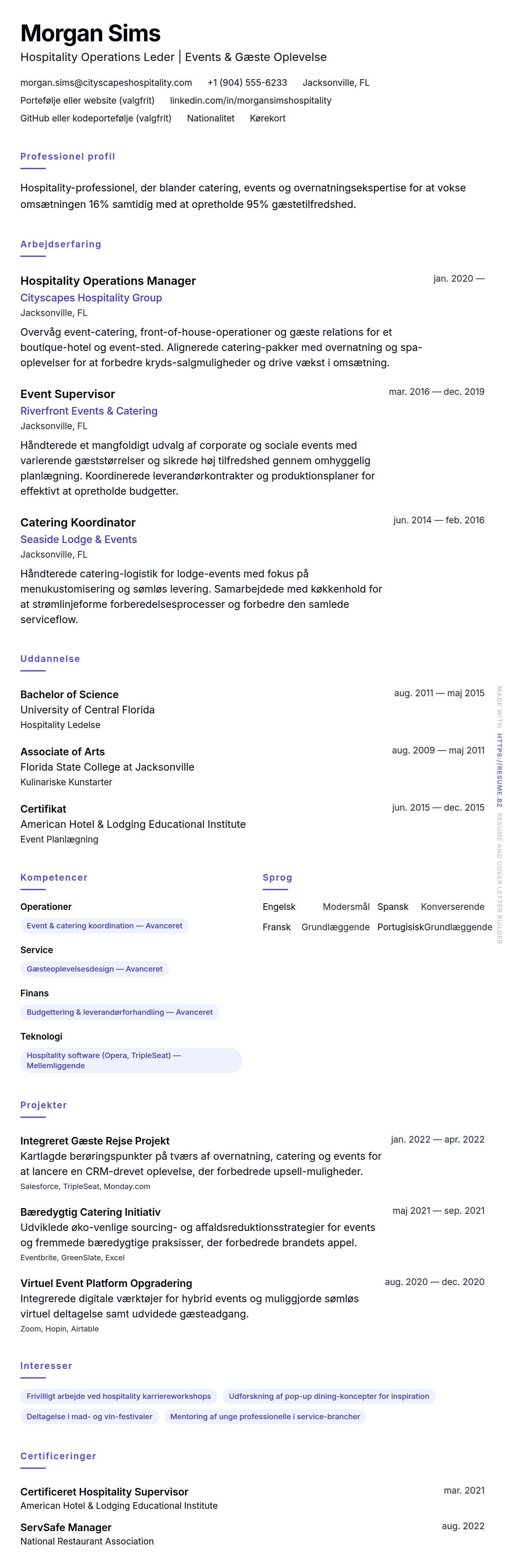 Hospitality og Catering Professionel CV Eksempel