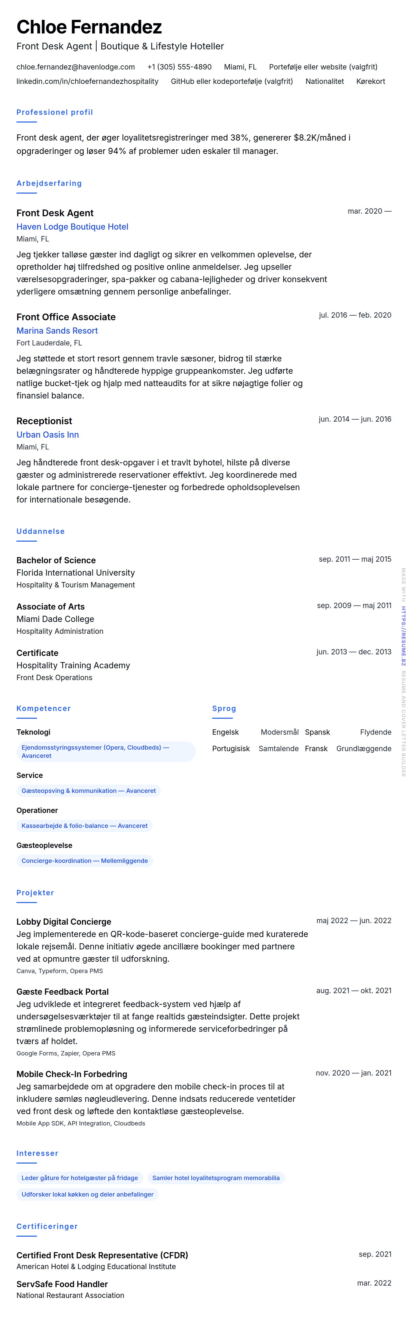 Hotel Front Desk Medarbejder CV Eksempel