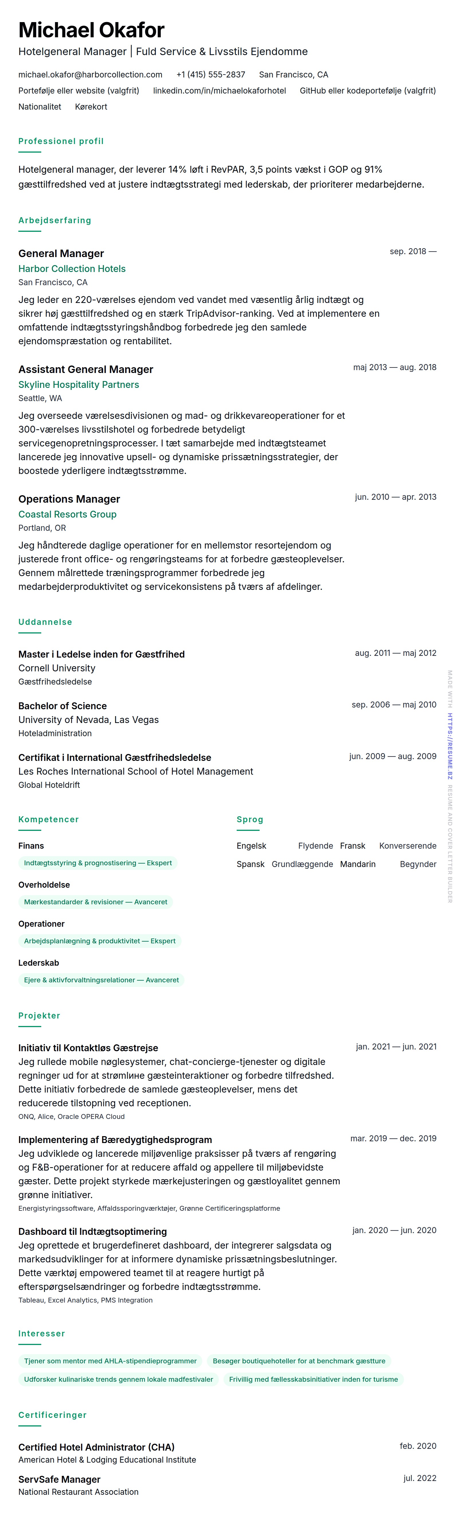 CV-forhåndsvisning for Eksempel på CV for Hotelledelse