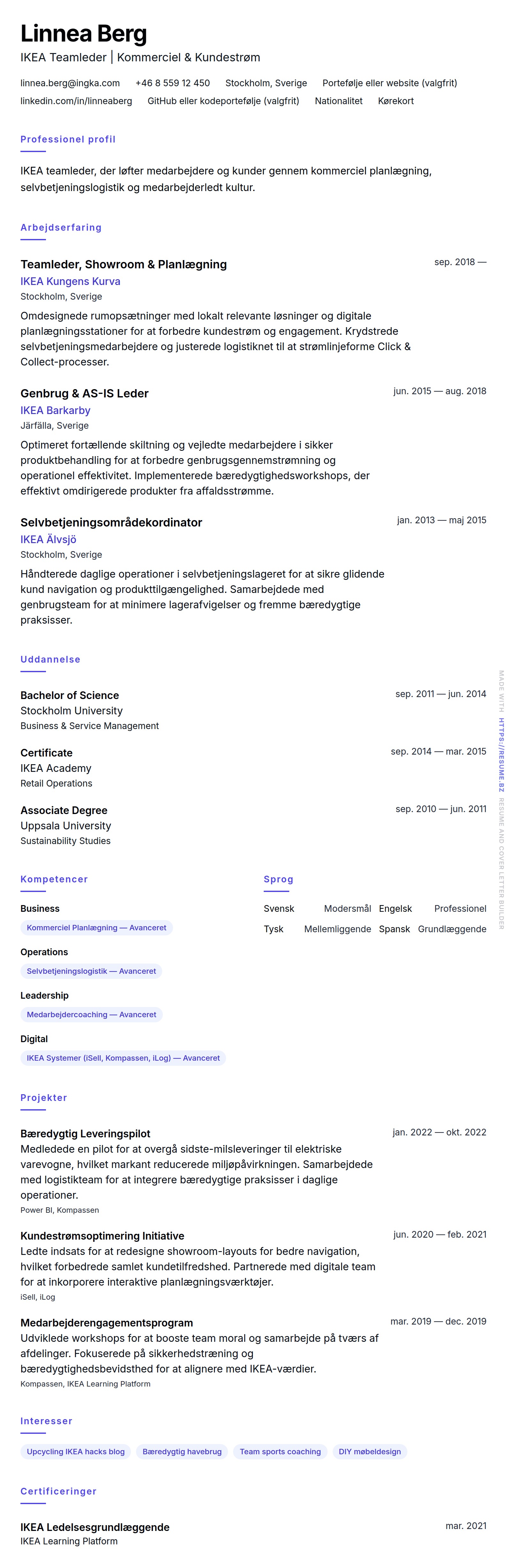 CV-forhåndsvisning for IKEA Teamleder CV Eksempel