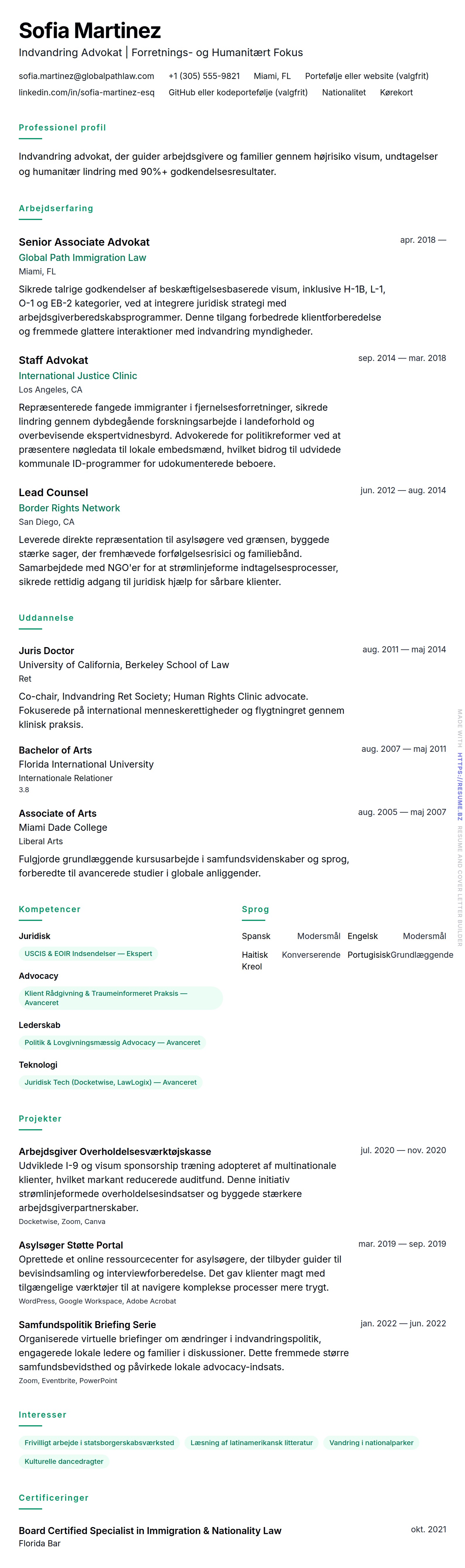 CV-forhåndsvisning for Indvandring Advokat CV Eksempel