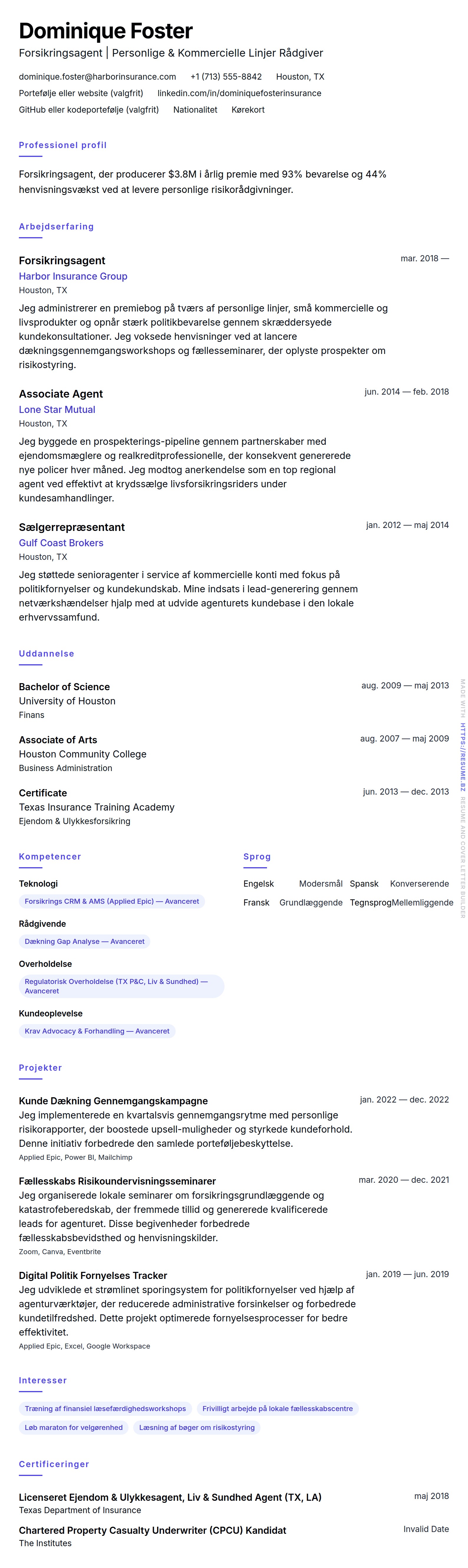 Forsikringsagent CV Eksempel