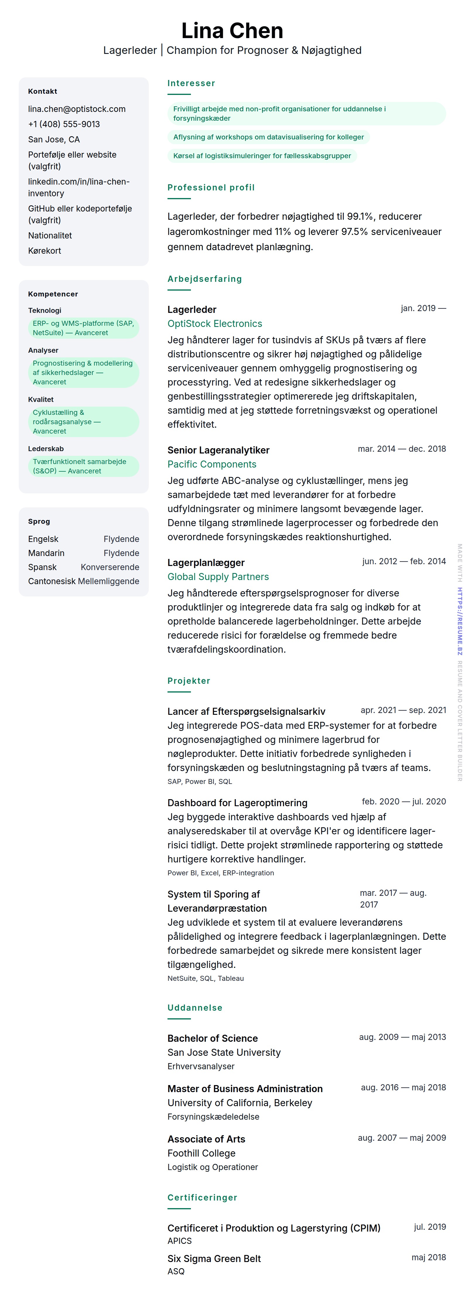 CV-forhåndsvisning for Eksempel på CV for Lagerleder