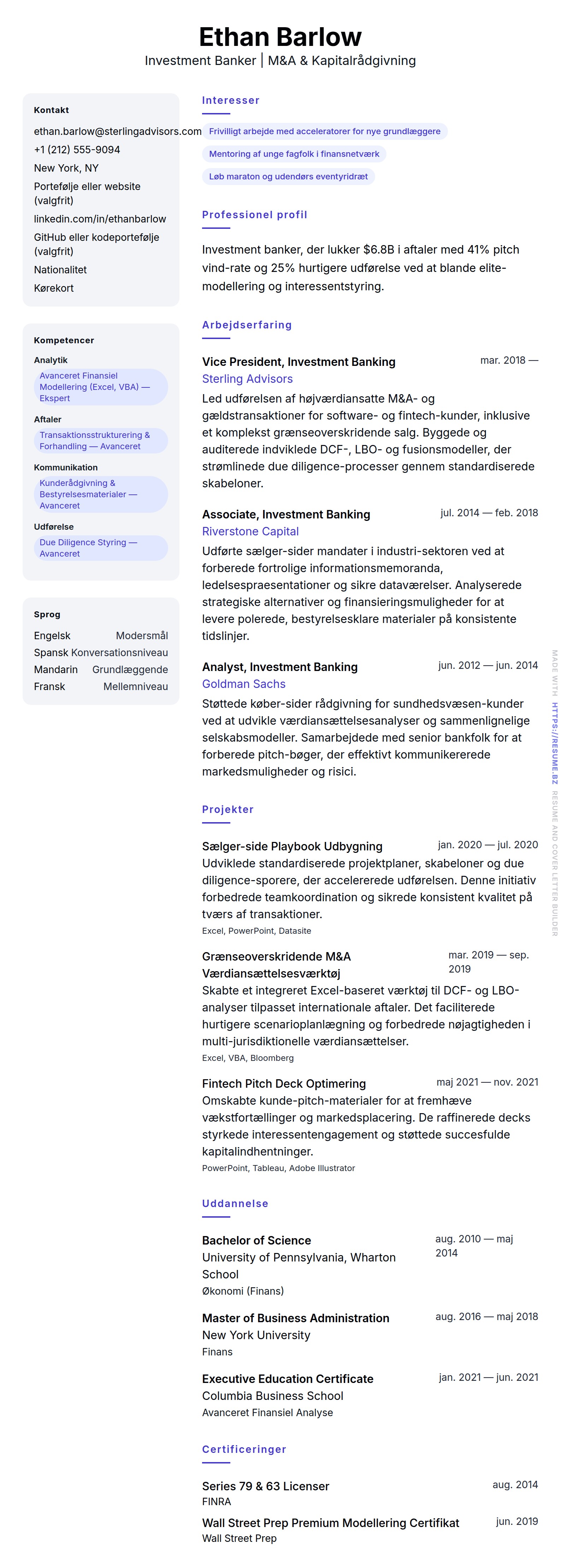 CV-forhåndsvisning for Investment Banker CV Eksempel
