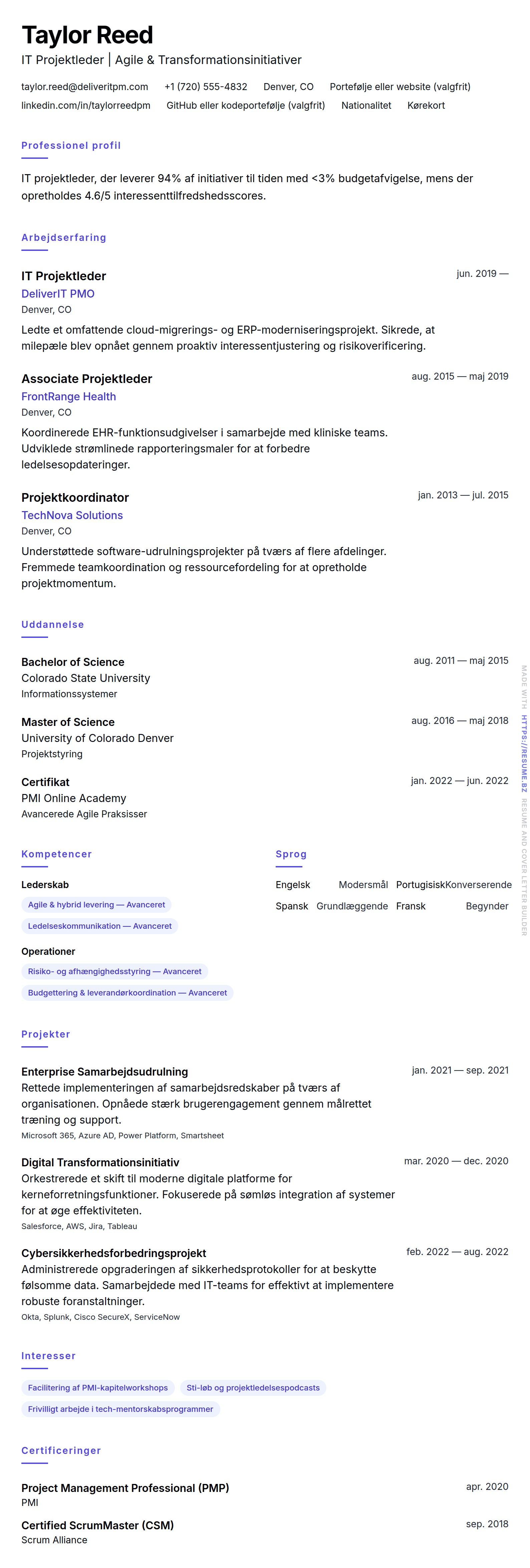 CV-forhåndsvisning for IT Projektleder CV Eksempel