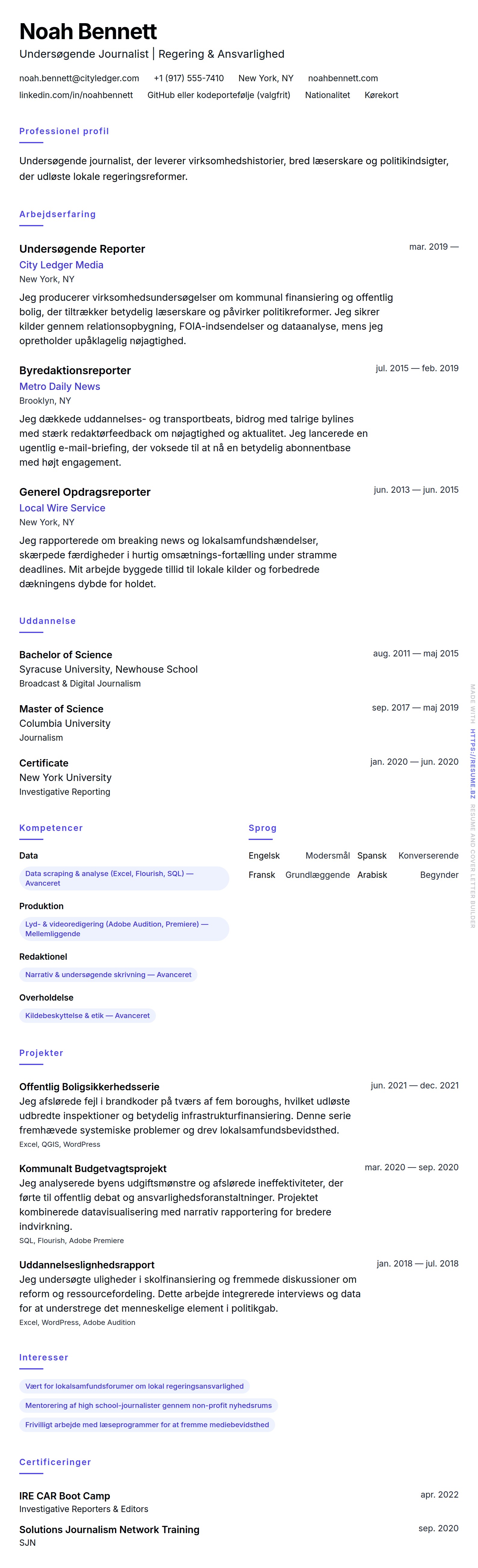 CV-forhåndsvisning for Eksempel på journalist-CV