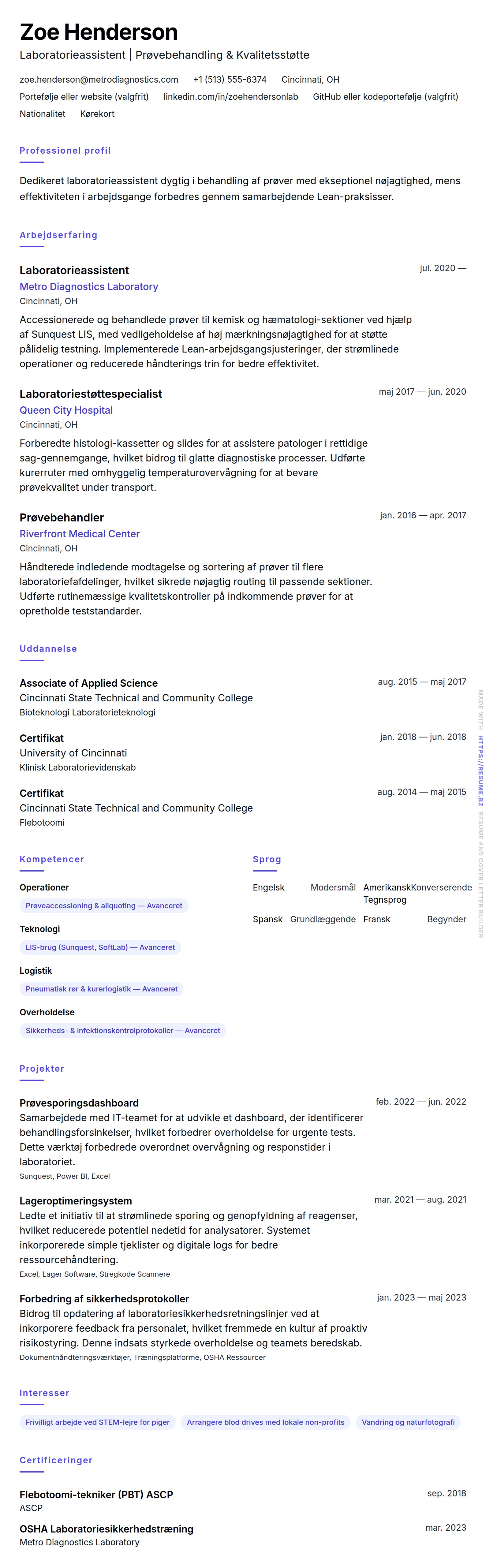CV-forhåndsvisning for Laboratorieassistent CV-eksempel