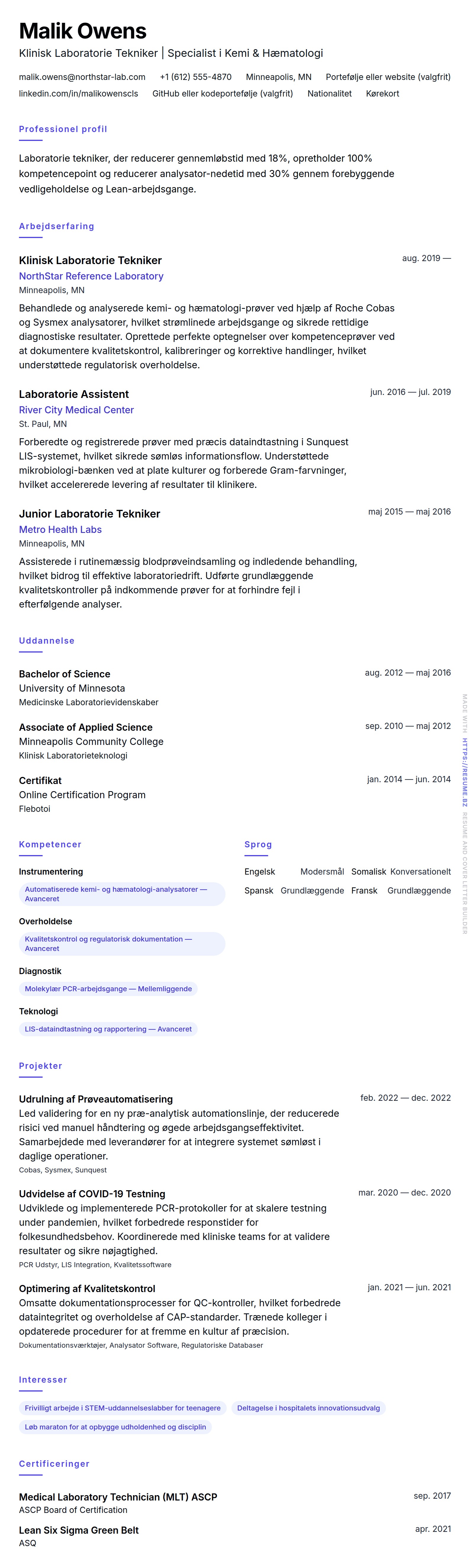 CV-forhåndsvisning for Laboratorie Tekniker CV Eksempel