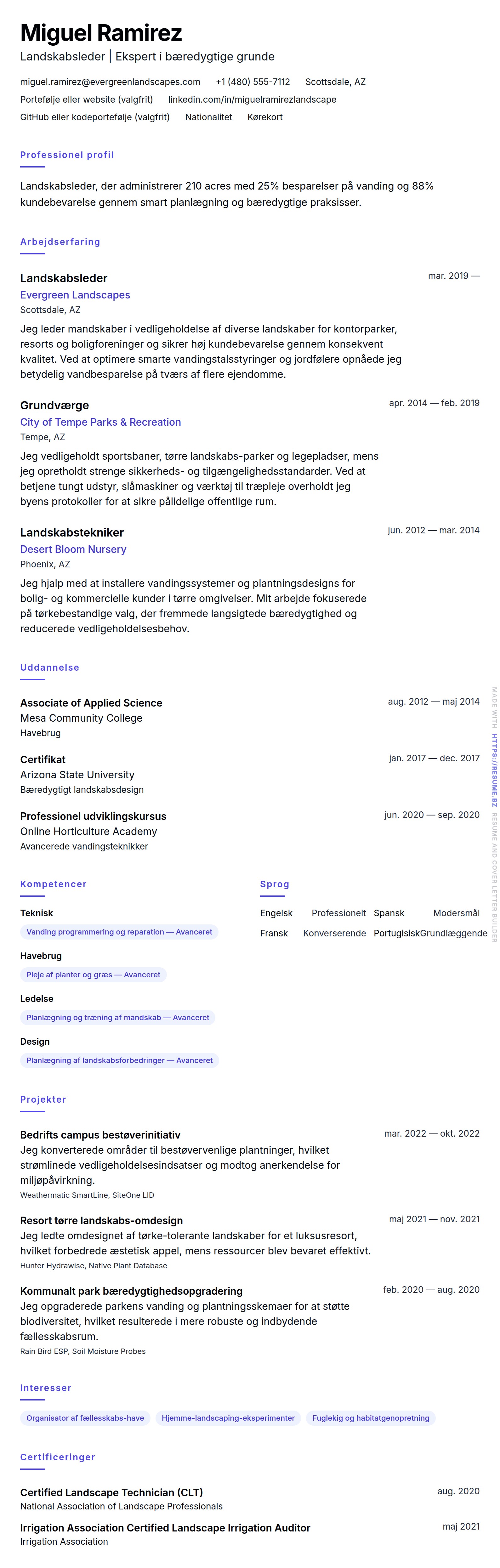 Landscaping CV-eksempel