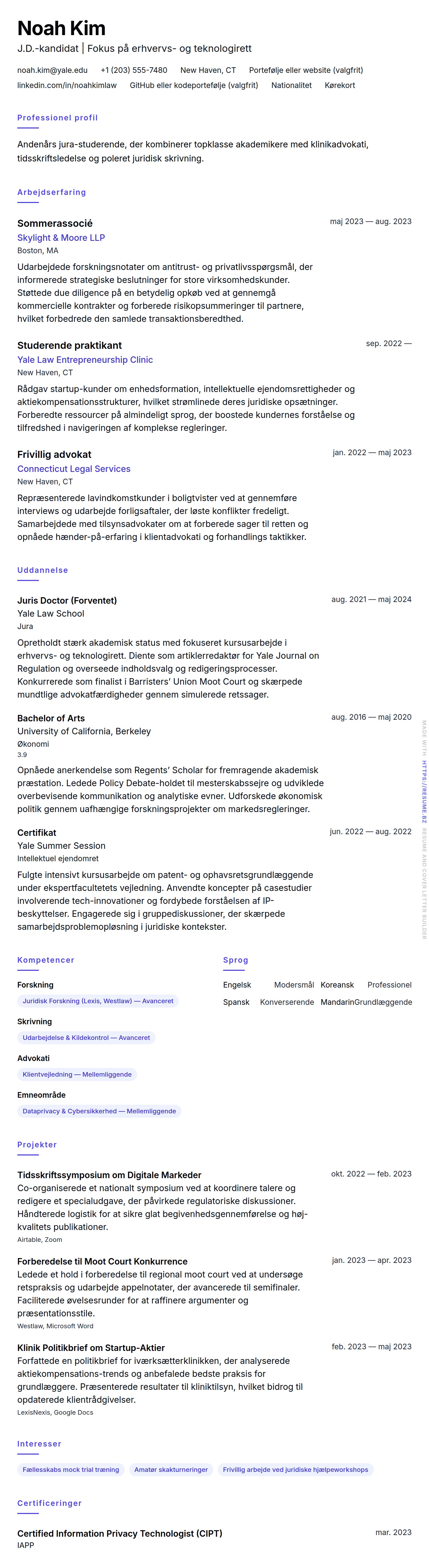 CV-forhåndsvisning for Eksempel på CV for Jura-studerende