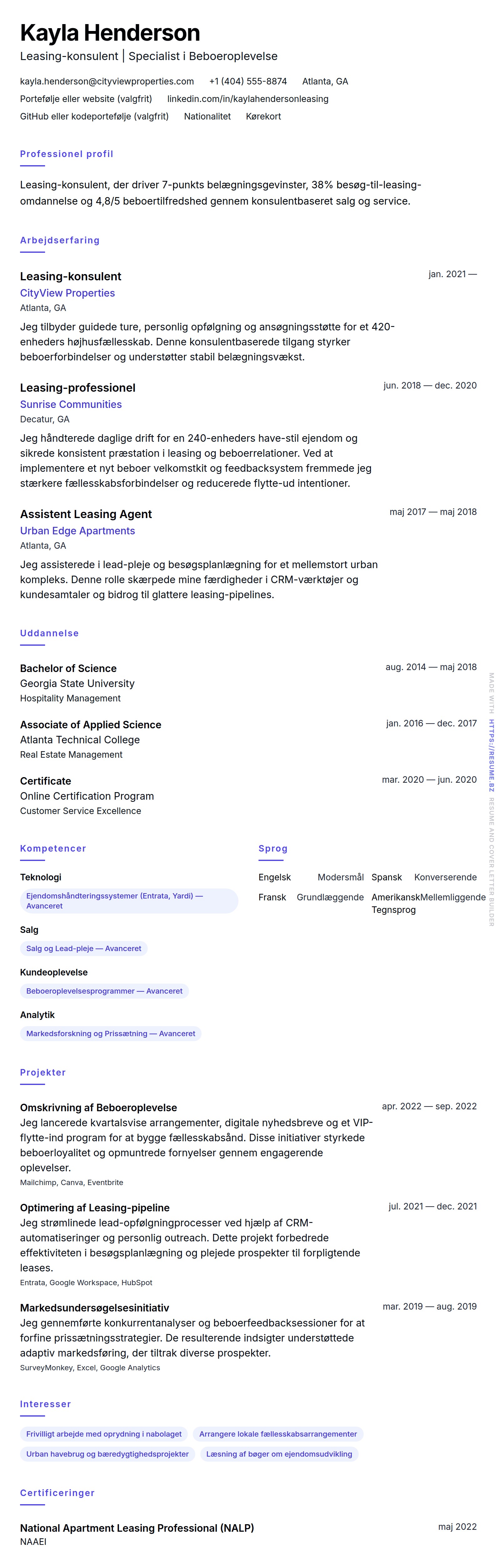 CV-forhåndsvisning for Eksempel på CV for Leasing-konsulent