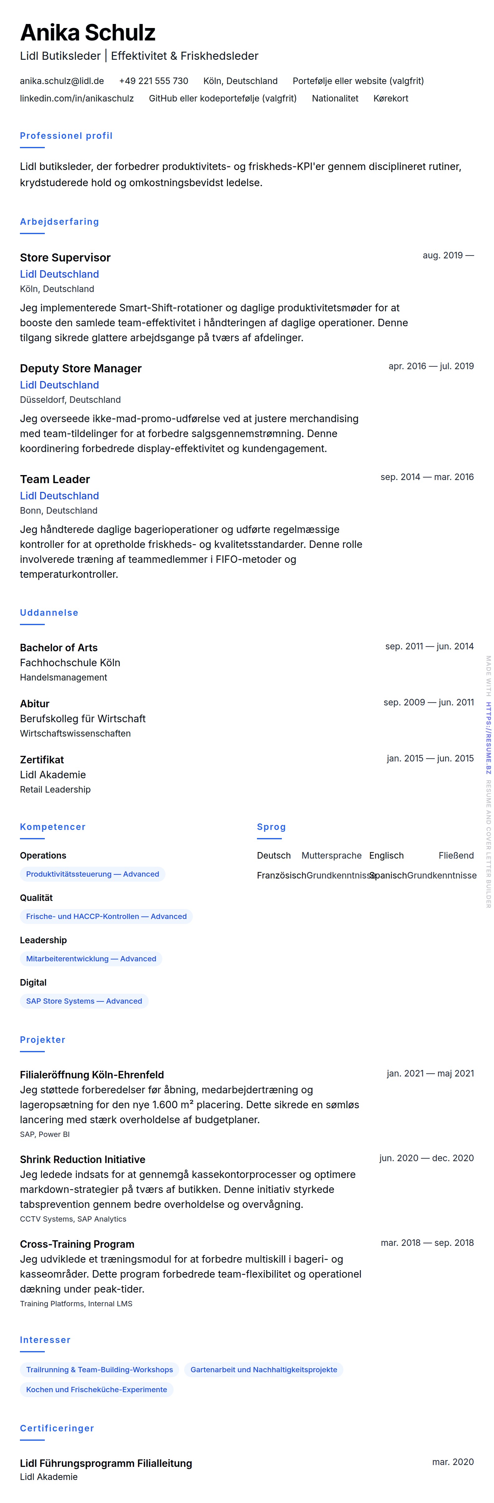 CV-forhåndsvisning for Lidl Butiksleder CV Eksempel