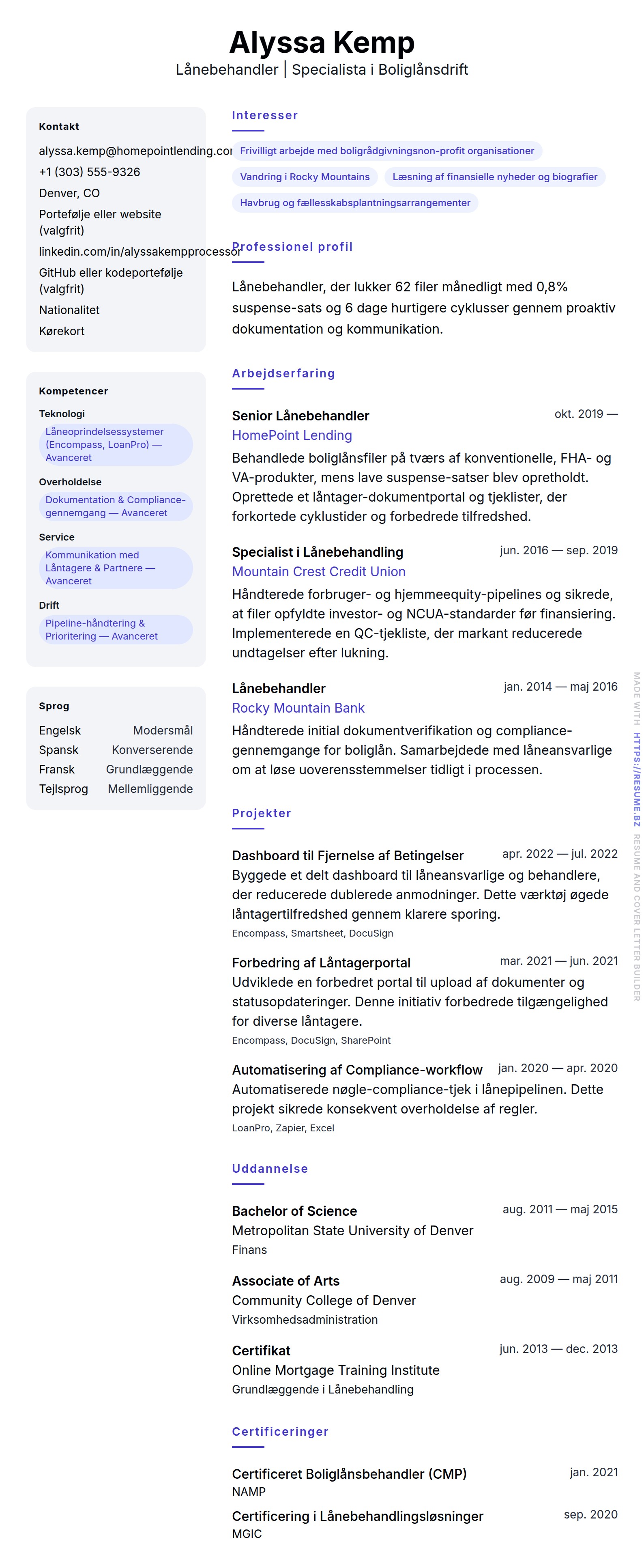 CV-forhåndsvisning for Eksempel på CV for Lånebehandler