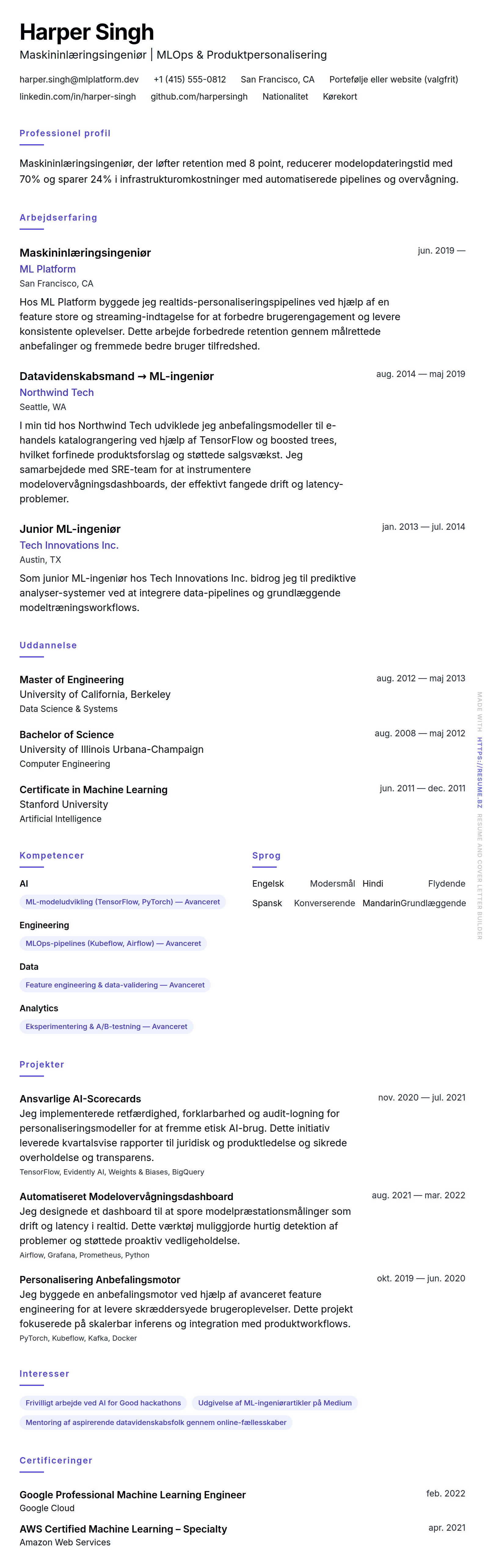 CV-forhåndsvisning for Eksempel på CV for Maskininlæringsingeniør