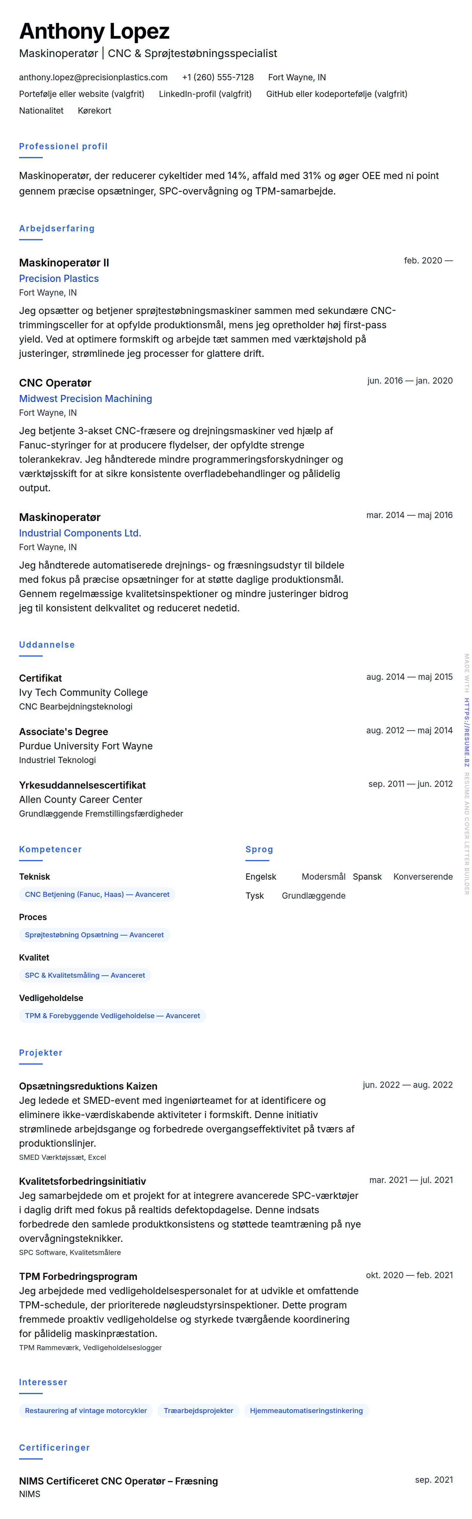 Maskinoperatør CV Eksempel