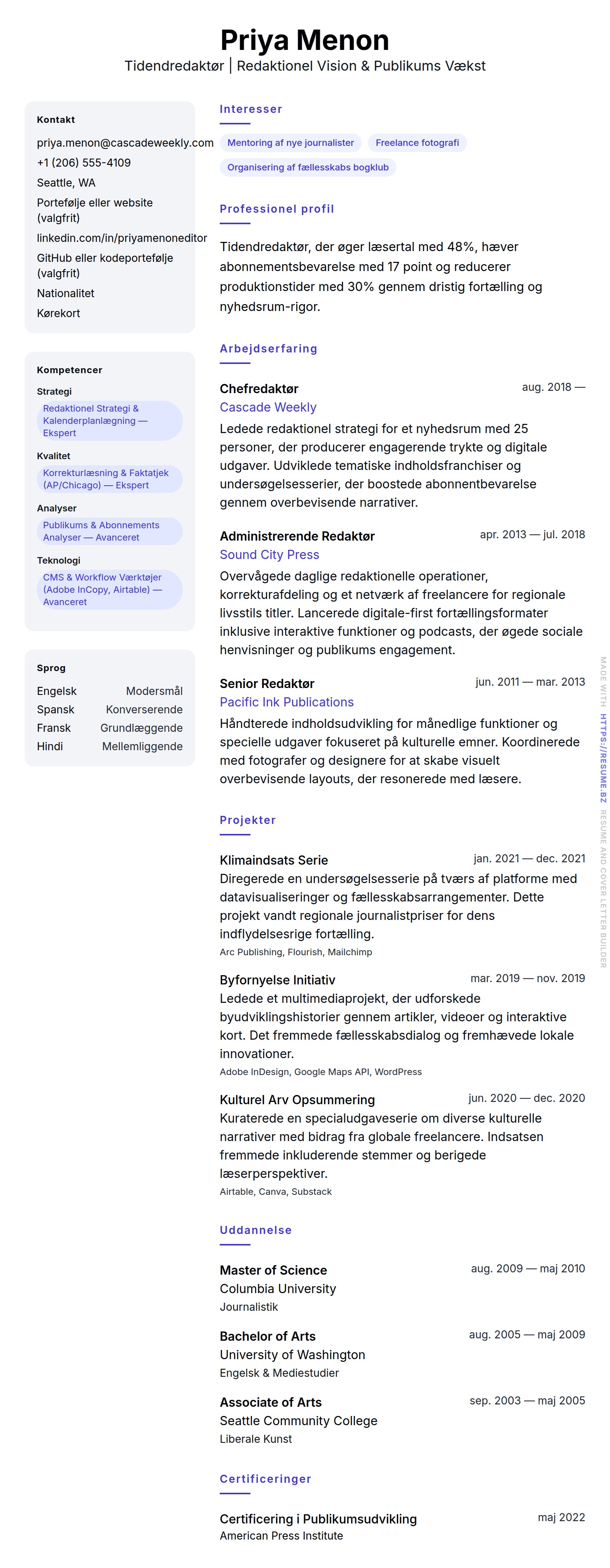 CV-forhåndsvisning for Tidendredaktør CV Eksempel