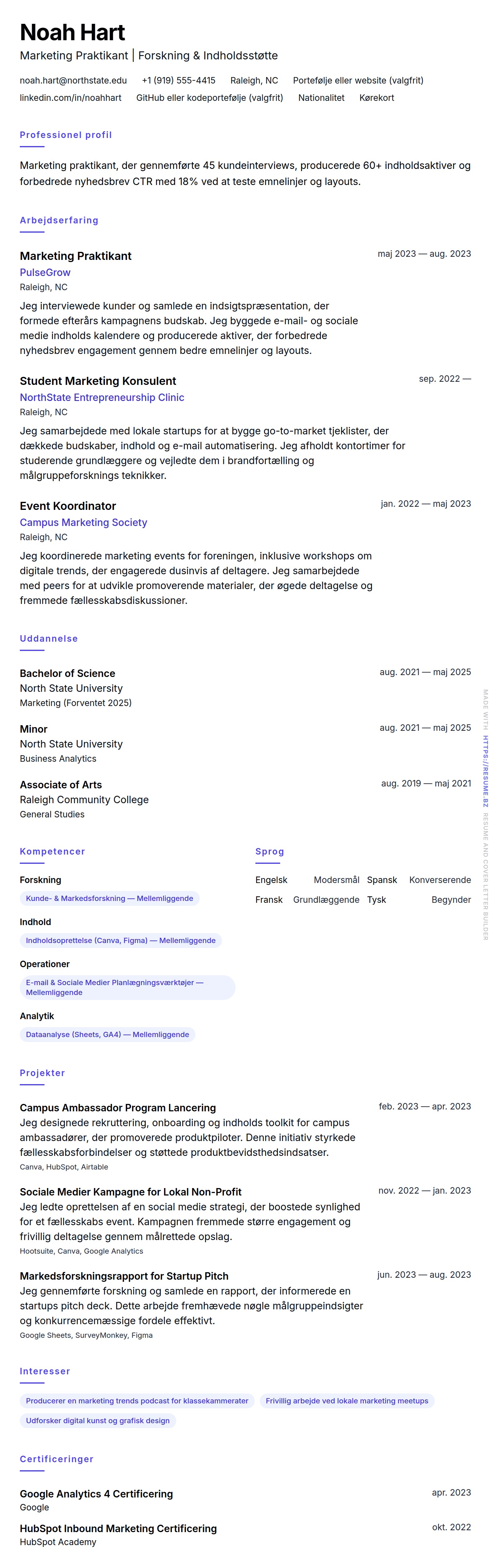 Marketing Praktikant CV Eksempel