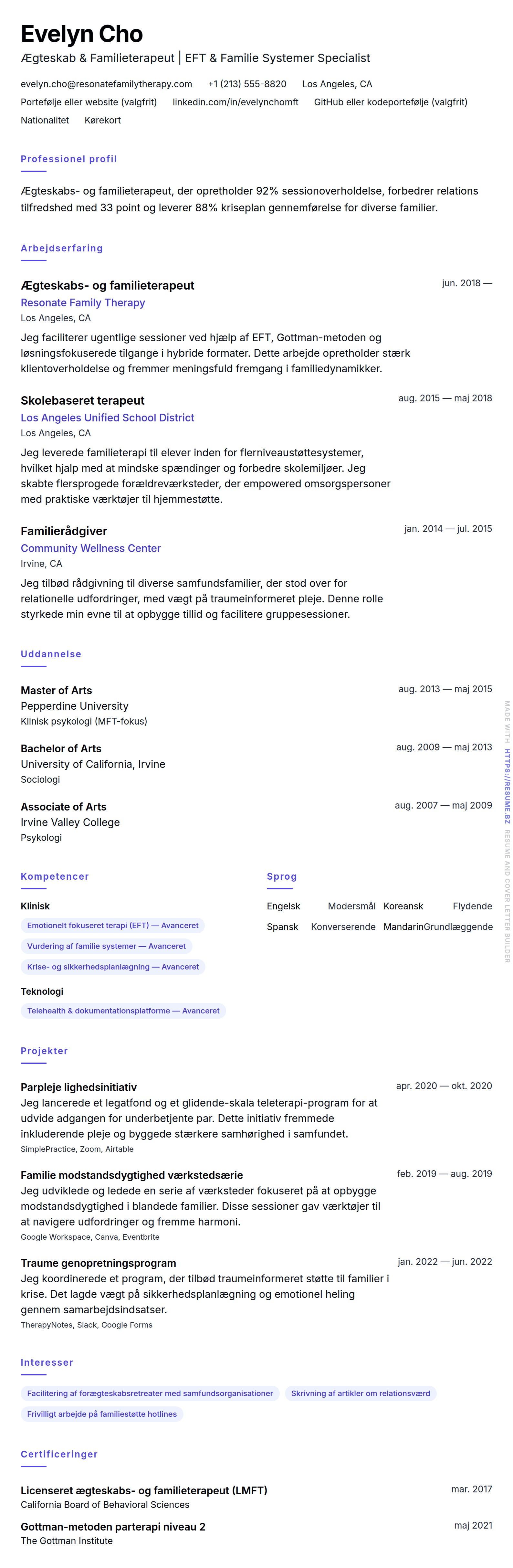 Ægteskabs- og familieterapeut CV-eksempel