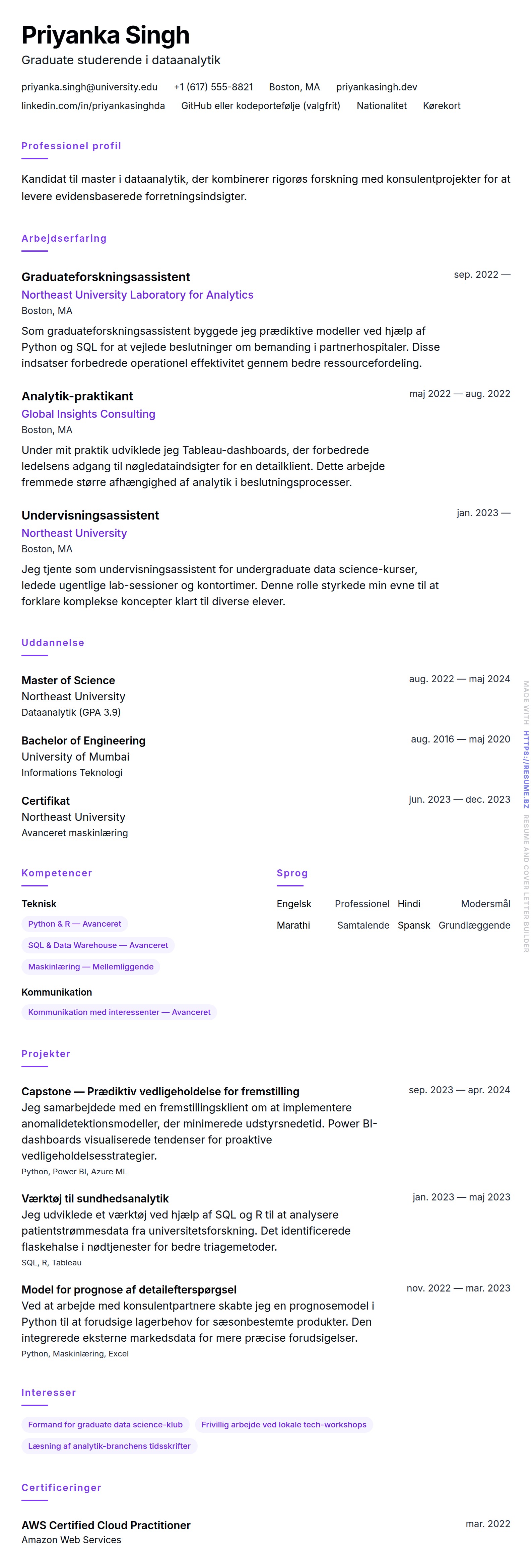 CV-forhåndsvisning for Eksempel på CV for cand. scient. studerende