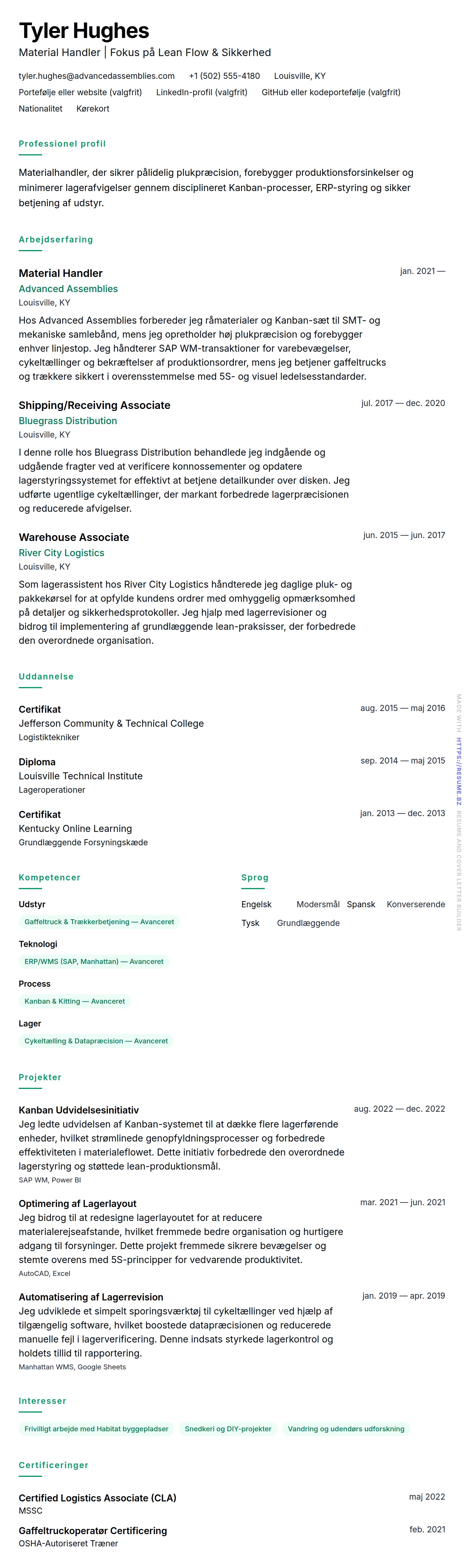 CV-forhåndsvisning for Material Handler CV Eksempel